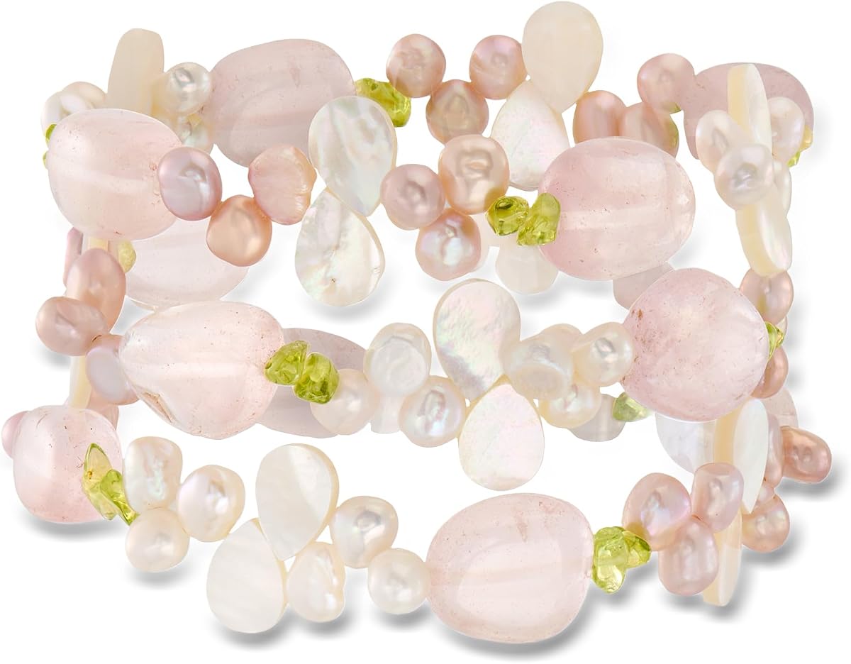 Perla cultivada de 5 a 6 mm, 100,00 ct. dos Cuarzo Rosa y 11,00 ct. dos Juego de joyas con cuentas de peridoto: 3 pulseras elásticas