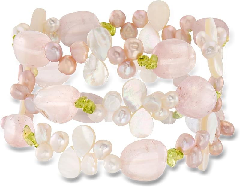 Perla cultivada de 5 a 6 mm, 100,00 ct. dos Cuarzo Rosa y 11,00 ct. dos Juego de joyas con cuentas de peridoto: 3 pulseras elásticas