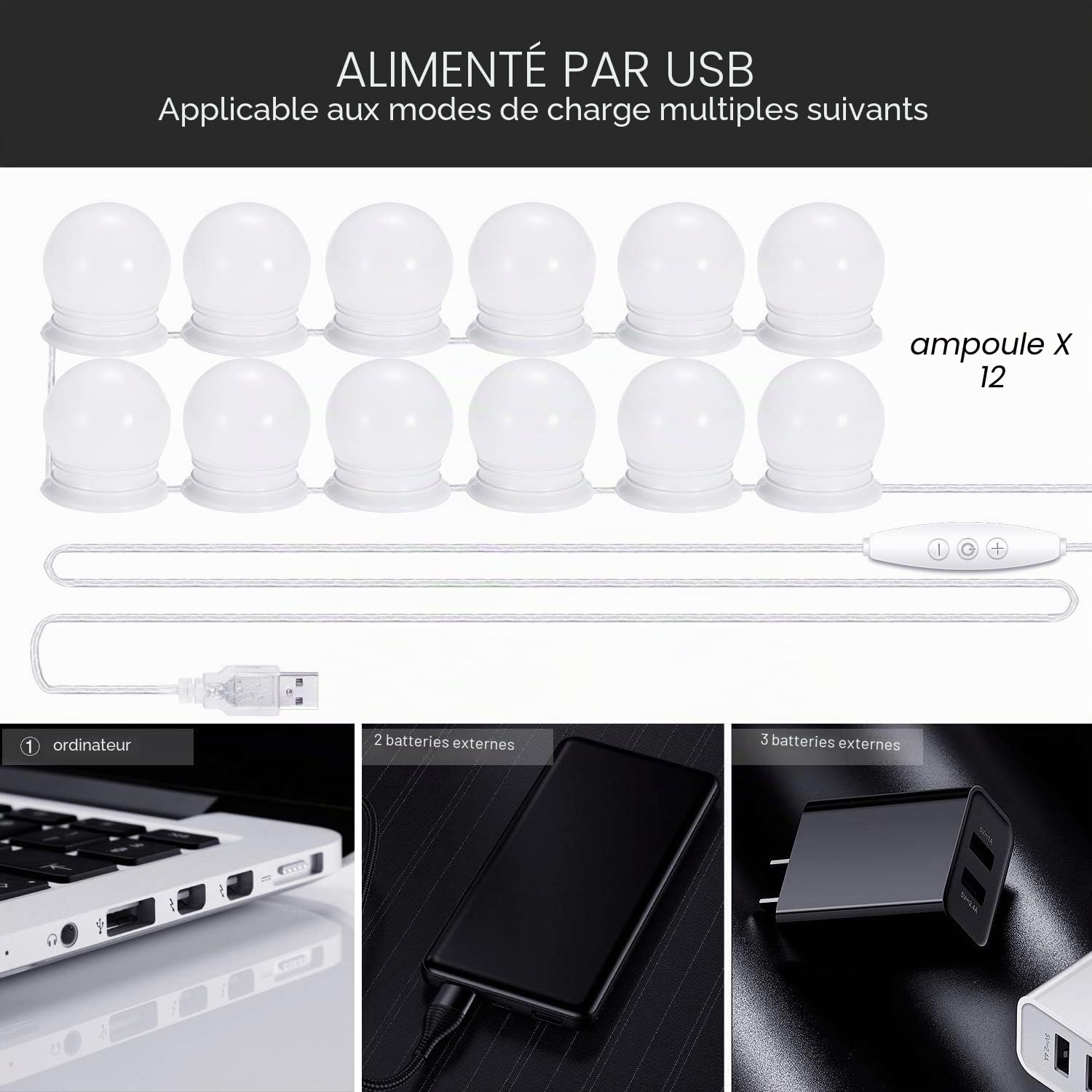 Lumière de Miroir, 12 Ampoules Hollywood Kit de Lumière LED Dimmable Lampe pour Cosmétique Salle de Bain 3 Couleurs 10 Niveaux de Luminosité (Miroir Non Inclus)
