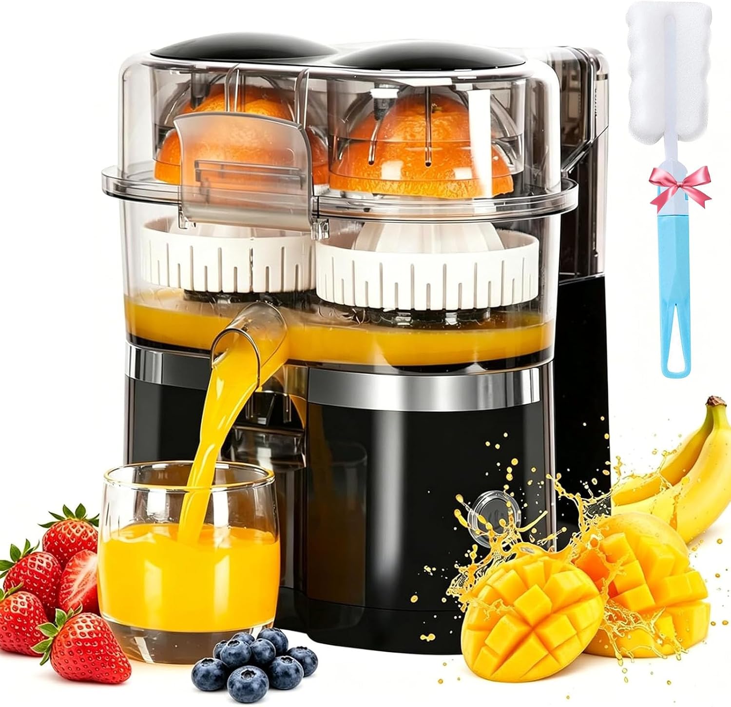 Dual-Head Automatic Citrus Juicer, 2-Speed Dual-Head Electric Citrus Juicer, 2 in 1 Electric Citrus Juicer with Built-In Cutter and Cleaning Brush, One Button Orange Lemon Lime (White)