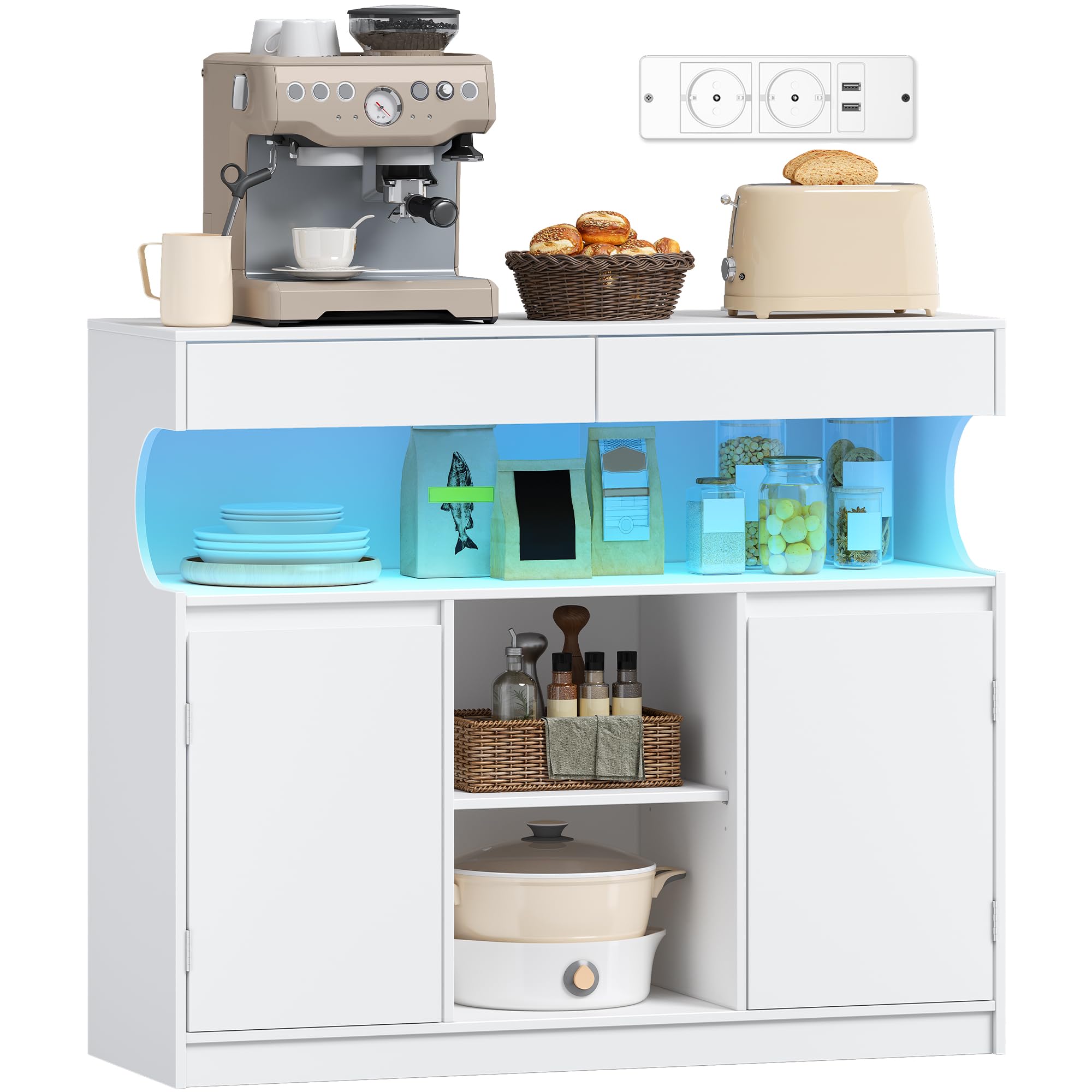 Hzuaneri Credenza cucina con multipresa e luce LED, Mobile dispensa cucina, Mobiles con 2 cassetti e 2 ante, per Soggiorno, Cucinas, 30 x 100 x 85 cm, Bianco SC64903X