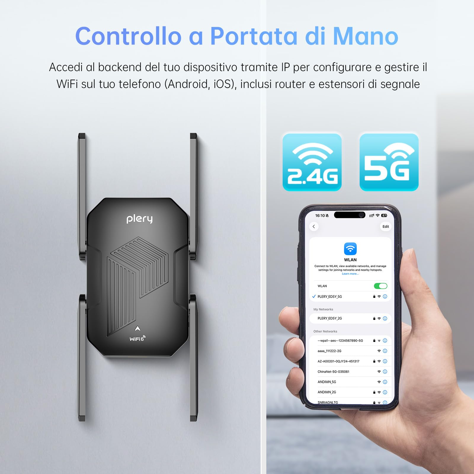 Ripetitore WiFi 6 Potente per Casa: 1500Mbps WiFi Extender Dual Band | 2,4GHz/5GHz, Copertura 800+ m², Porta Ethernet, 4*6dBi Antenne,3 Modalità,Stabile Della Rete Domestica,Uffici, Gaming, Scuole