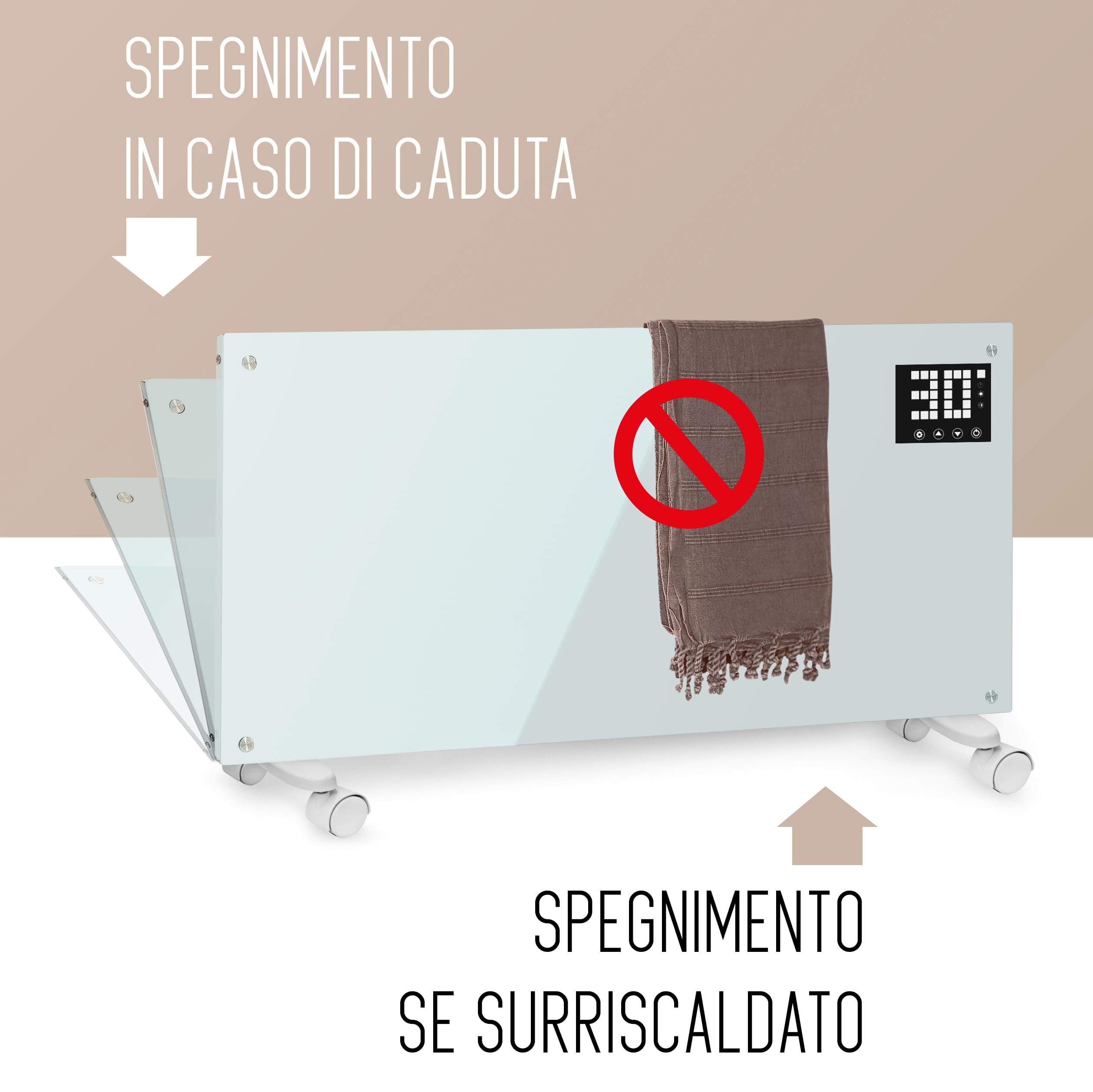 Calefactor eléctrico de baño, bajo consumo 2000 W (modo Eco 1000 W), termoconvector con ruedas + montaje en pared, cristal templado, pantalla + temporizador + mando a distancia, con termostato