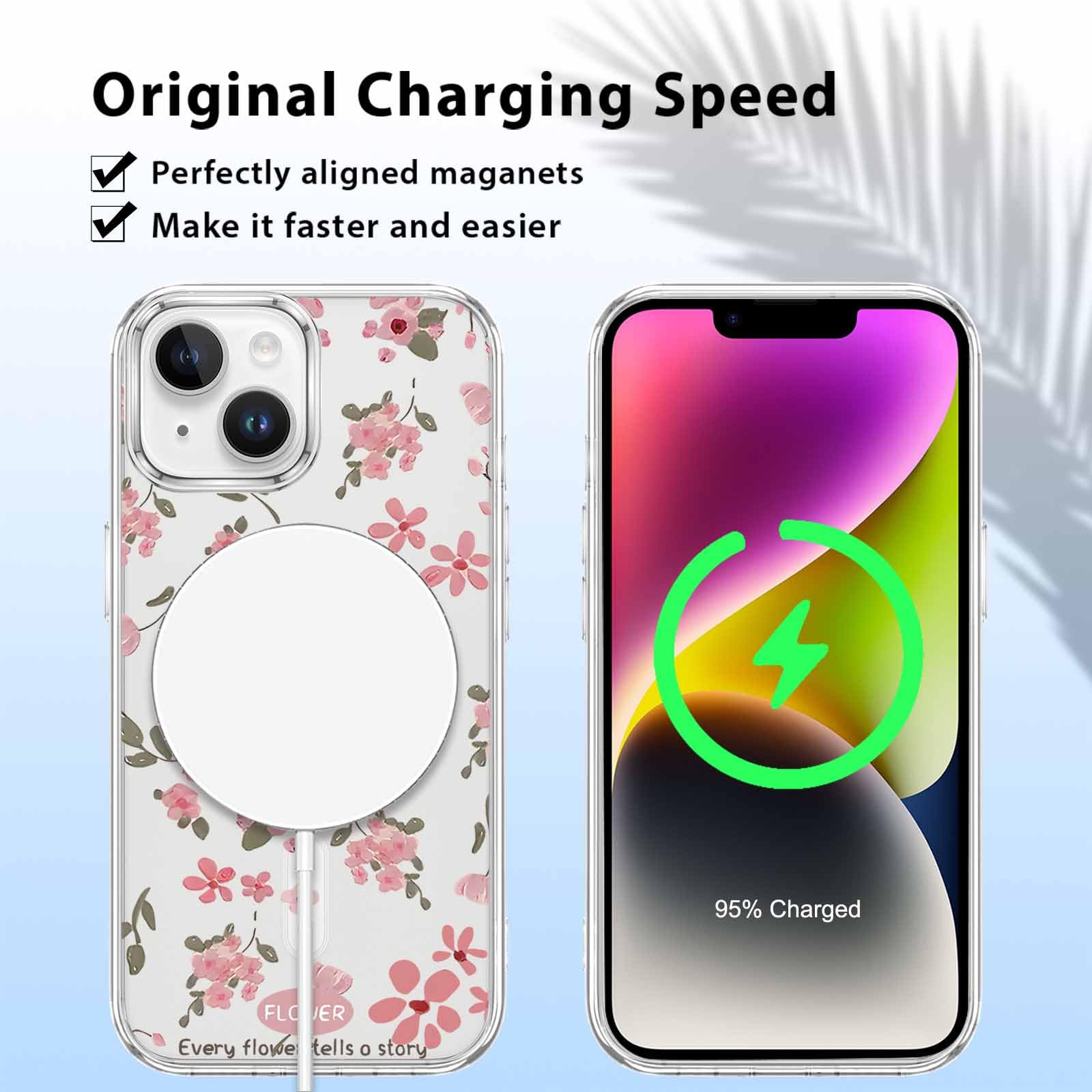 Saqmkil Magnetyczne etui z paskiem do iPhone'a 14/iPhone 13 6,1 cala [kompatybilne z MagSafe], przezroczyste etui z kołnierzem ze sznurkiem, estetyczny wzór z kreskówek ochraniacz na iPhone 13, kwiaty