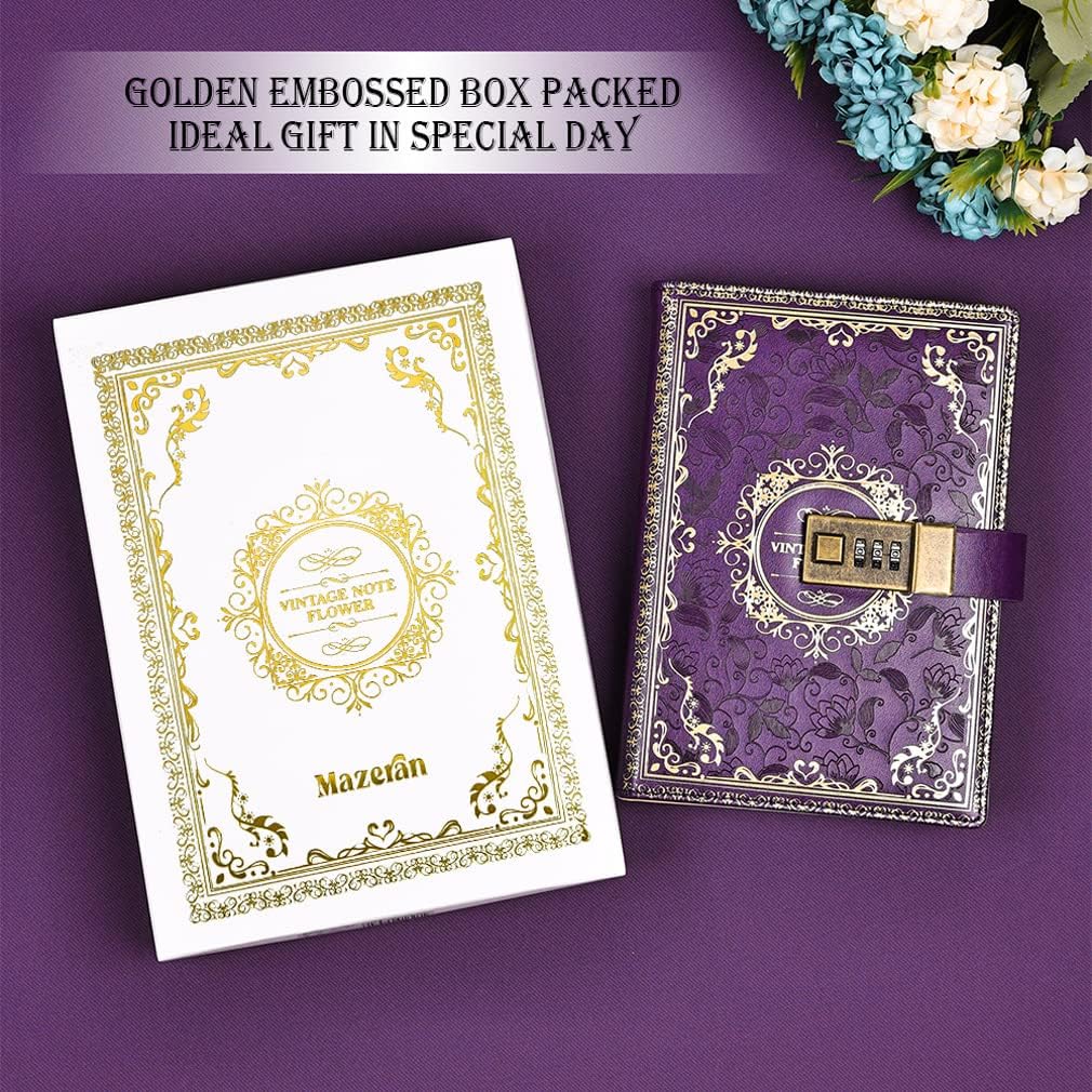 Mazeran Combination Lock Journal, Vintage Elegant Leather Hard Cover Floral Embossed Notebook Diary, 256 Pages Lined Golden Gilded Password Locking Personal Planner, Gift for Women Girls (Boxed) - Image 5