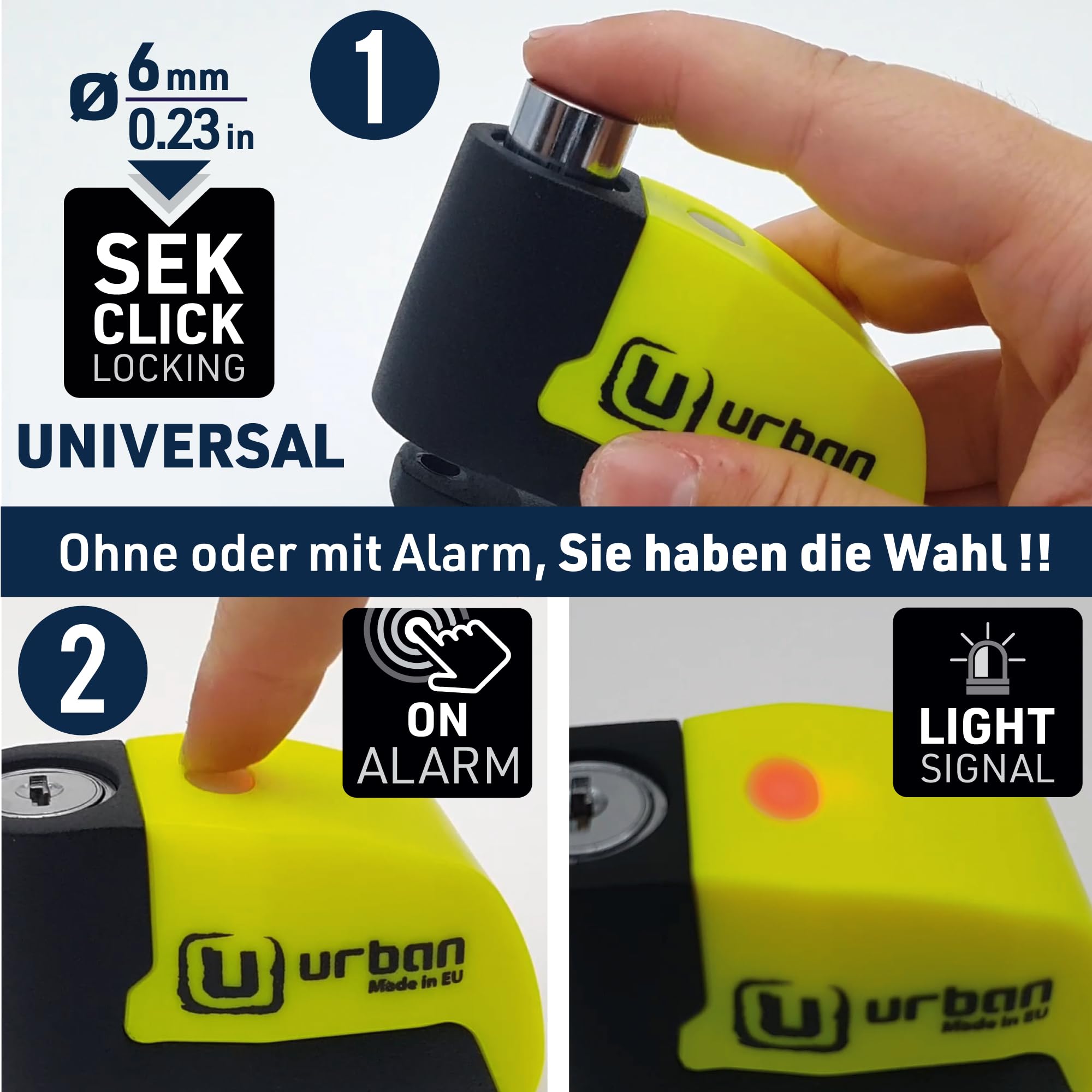 URBAN UR6 Bremsscheibenschloss mit Intelligentem Alarm | Effektiver | Hi-Tech, 120dB, LED, Warnfunktion A+ Empfindlichkeit, Langlebige CR2 Batterie, Wasserdicht, Motorrad Schloss Fahrradschloss, 6mm