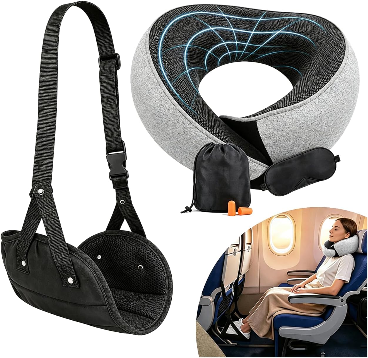 Ergonomic Airplane Pillow and Airplane Foot Hammock, Ultra Portable Neck Pillow with 360° Head Support, Portable Travel Foot Rest with Adjustable Strap, Includes Eye Mask & Ear Plugs, for Flight, Car