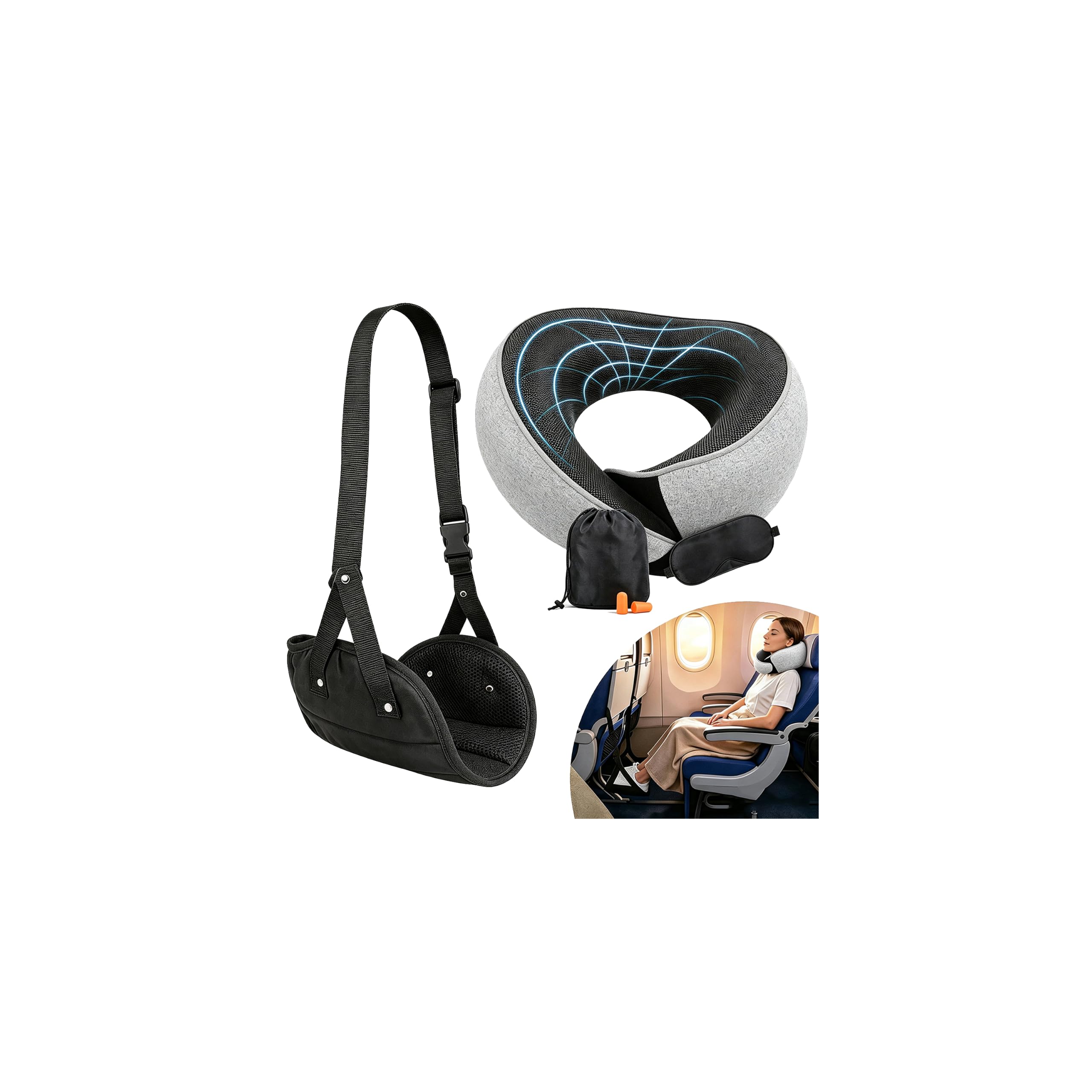 Photo 1 of Ergonomic Airplane Pillow and Airplane Foot Hammock, Ultra Portable Neck Pillow with 360° Head Support, Portable Travel Foot Rest with Adjustable Strap, Includes Eye Mask & Ear Plugs, for Flight, Car