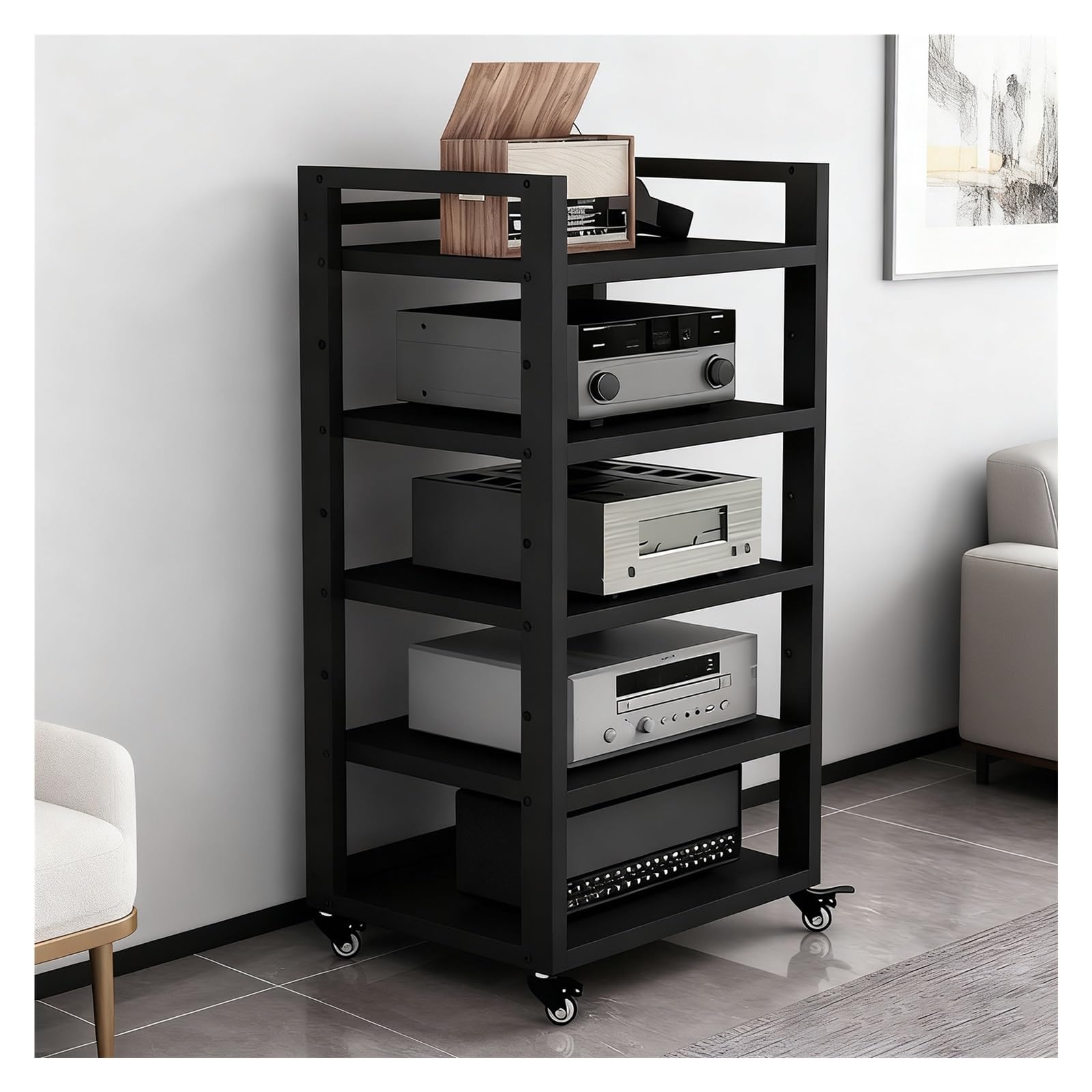 5-poziomowy stojak na sprzęt HiFi, stojak na gramofon z kółkami i regulowanymi półkami, wolnostojący, ruchomy stojak na sprzęt audio do sal gier i studiów nagraniowych (kolor tekowy, 50x40x120 cm