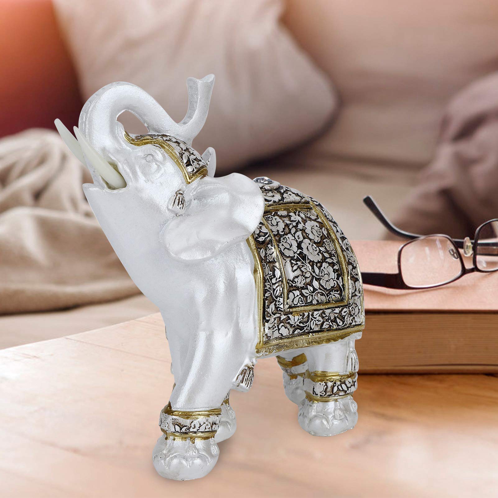 Buachois Lucky Elephant Figurine Resin Feng Shui Golden Sculpture Wealth Lucky Elephant Figurine with Trunk Facing Upwards for Home Office Decoration Gold Flower Porcelain L - Image 4