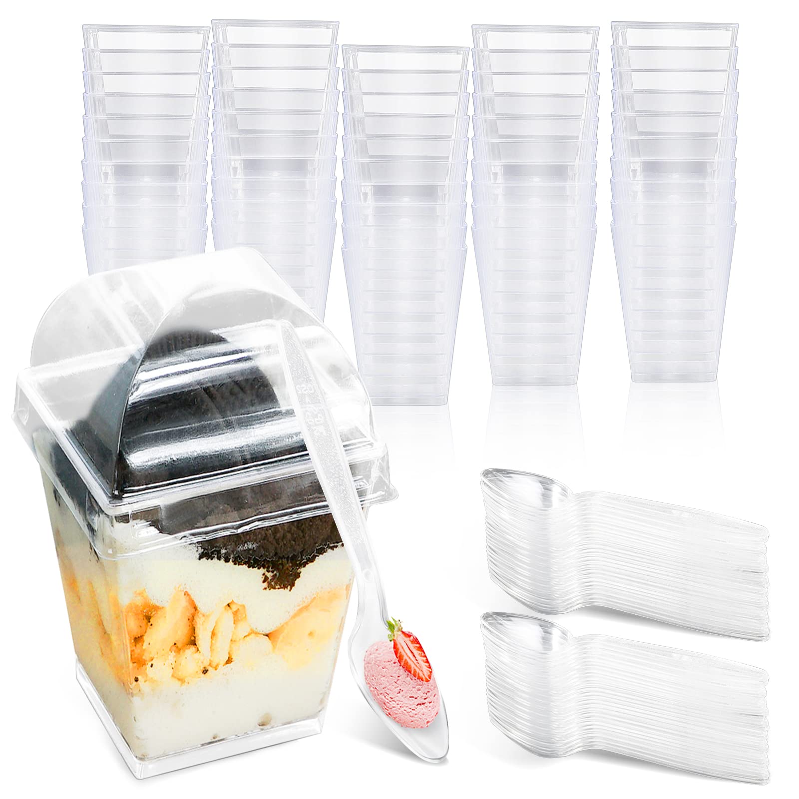 mwellewm100 Pcs 5 OZ Dessert Cups with Spoons,Mini Clear Plastic Dessert Parfait Cups for Party, Dessert Shot Glasse Small Reusable Fruit Ice Cream Pudding Appetizer Cups Bowls(50 cups + 50 spoons)