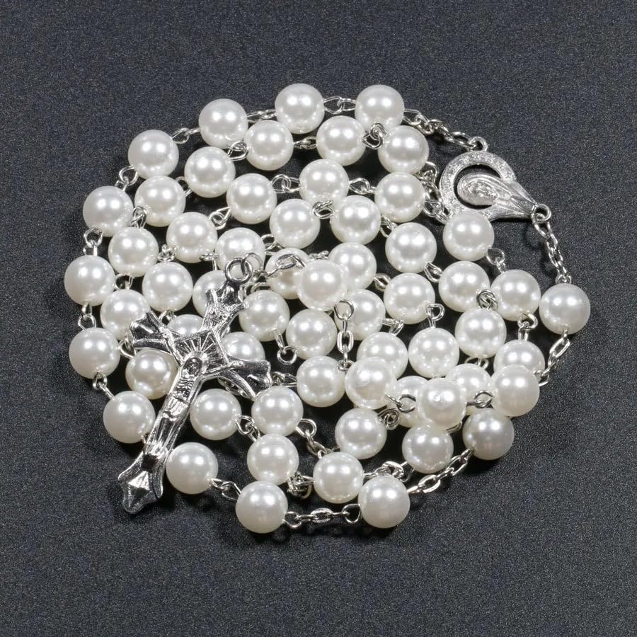 Collier Croix Perles Chrétien Bijou Religieux Vierge Marie pour Tenue de Messe et Quotidien - 6
