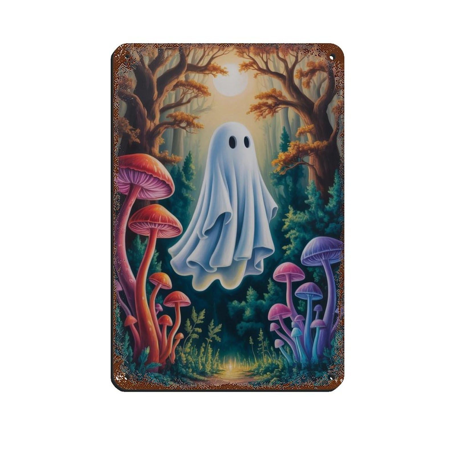 Ghost Is Flying in The Mushroom Forest Tin Sign Vintage Metal Pub Club Cafe Bar Home Wall Art Decoration Poster Retro 8x12inch(20x30cm)