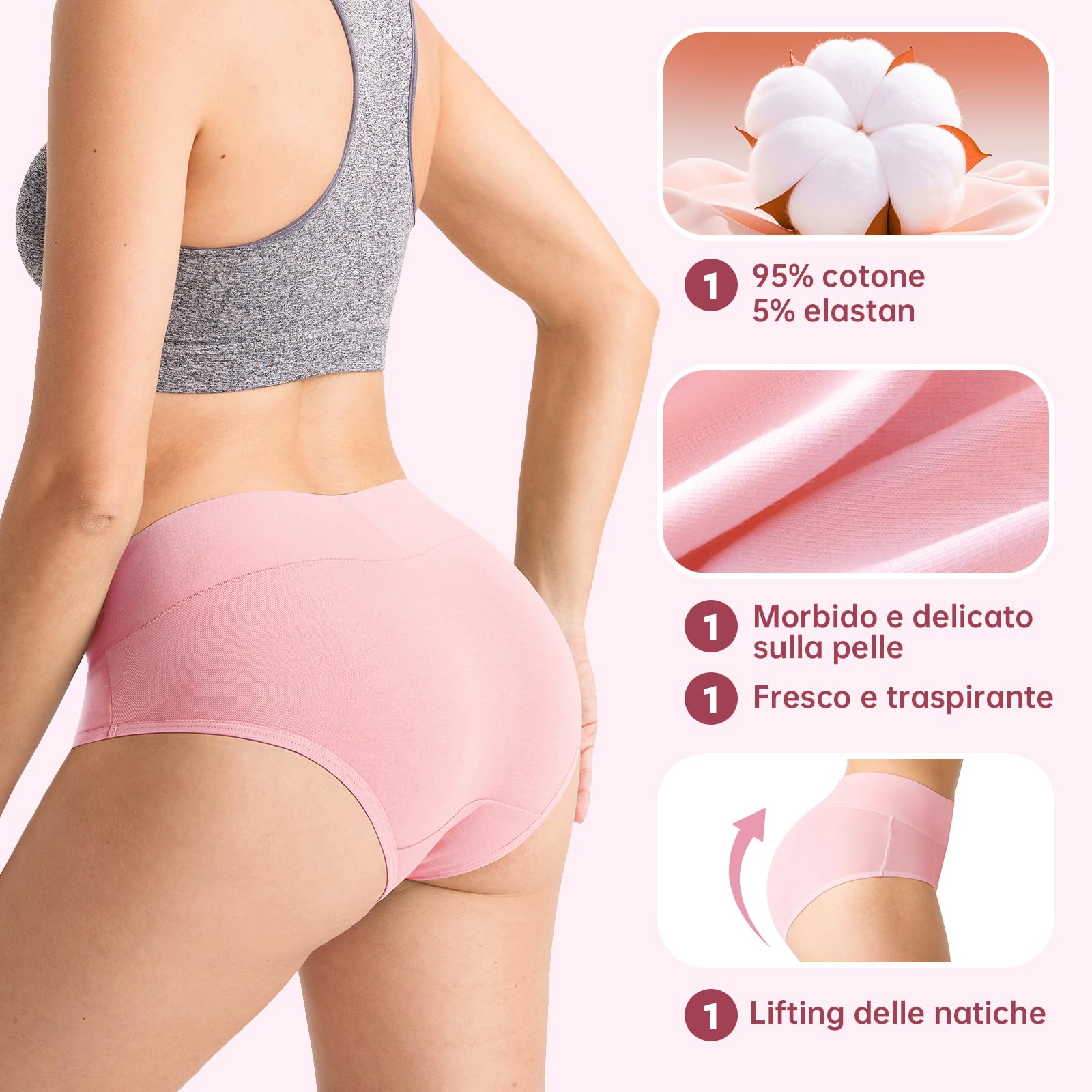 QINCAO Mutande Donna, Confezione da 6 Pezzi, Modello di Vita Alta, Biancheria Intima di Cotone, Elastica, Traspirante e Morbida