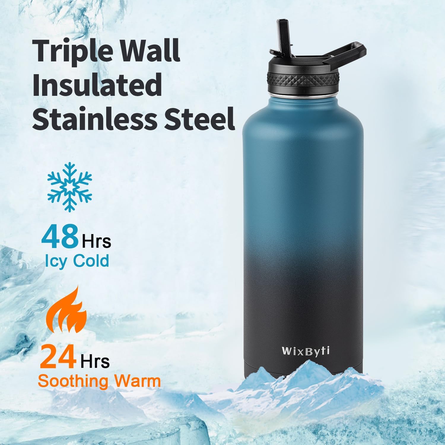 87 oz Insulated Water Bottle with Straw (Cold for 48 Hrs), Half Gallon Stainless Steel Triple Wall Vacuum Sports Water Jug, Leakproof Hydro Cup Flask with Straw Spout Lids & DIY Stickers - Image 2