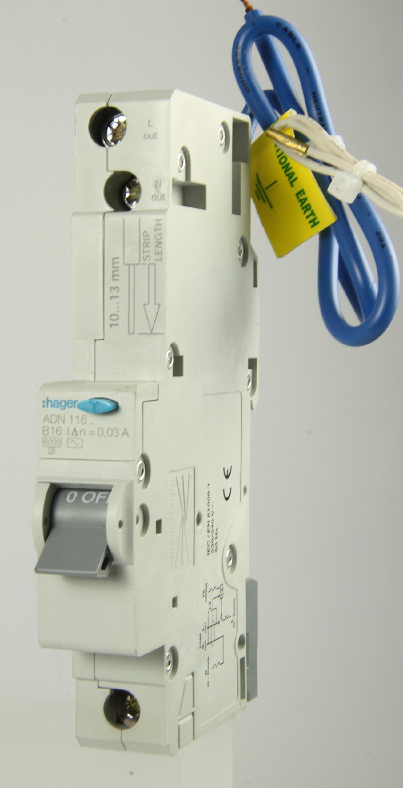 Hager ADN116 AC Class Domestic Electronic RCBO, 1 Pole, 1 Module, Type B, 6 kA Breaking Capacity, 30 mA Sensitivity, 16 A Current