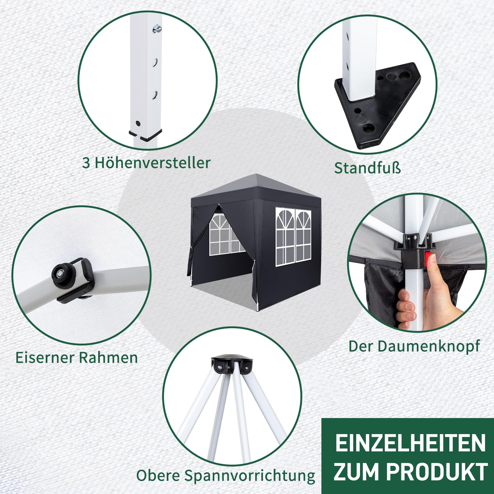 Pavillon 2x2 m,Faltpavillon,Wasserdicht Stabil Winterfest UV Schutz 50+,420D Oxford,Faltbar Höhenverstellbar,Partyzelt,Gartenzelt,Für Garten Camping,Outdoor,Grau,4 Seitenteilen
