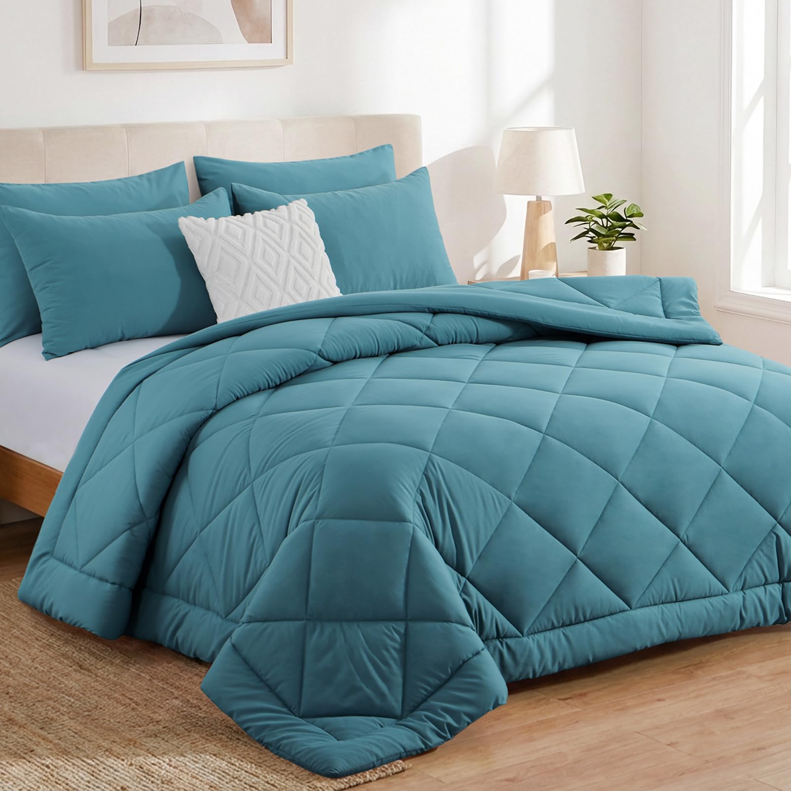 Aisbo Coverless Duvet Double Size 10.5 Tog - 200x 200cm, Teal Duvet with 2 Pillowcases Soft Lightweight Comforter Set for All Seasons