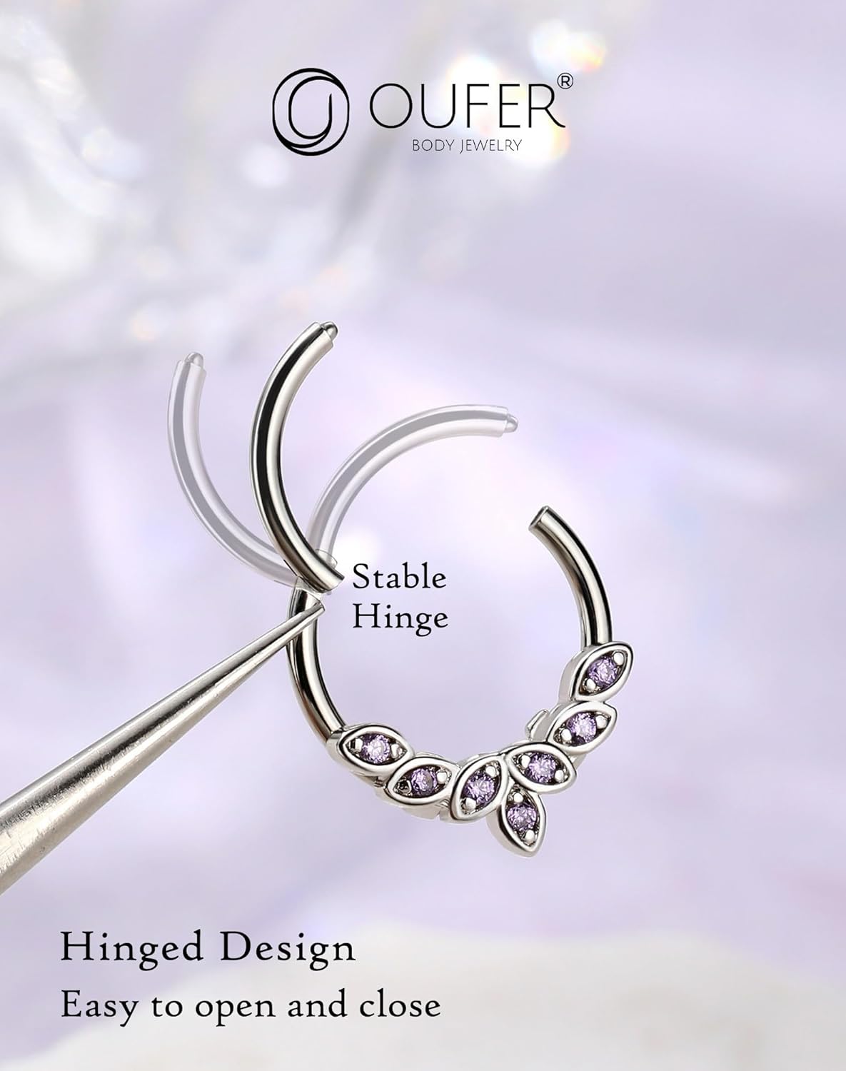 OUFER Septum Rings 16G, 316L Stainless Steel Septum Rings Hoops, Cluster CZ Hinged Segment Daith Helix Piercing Jewelry For Women And Men - Image 7