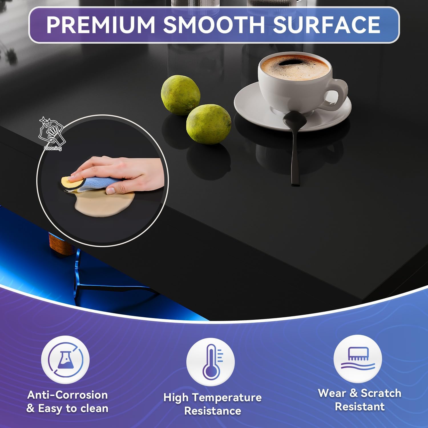 47” High-Glossy LED Coffee Table with 2 Sliding Drawers, Living Room Storage Coffee Tables, Modern Stylish Double-Layer Center Tables with LED Lights, Black