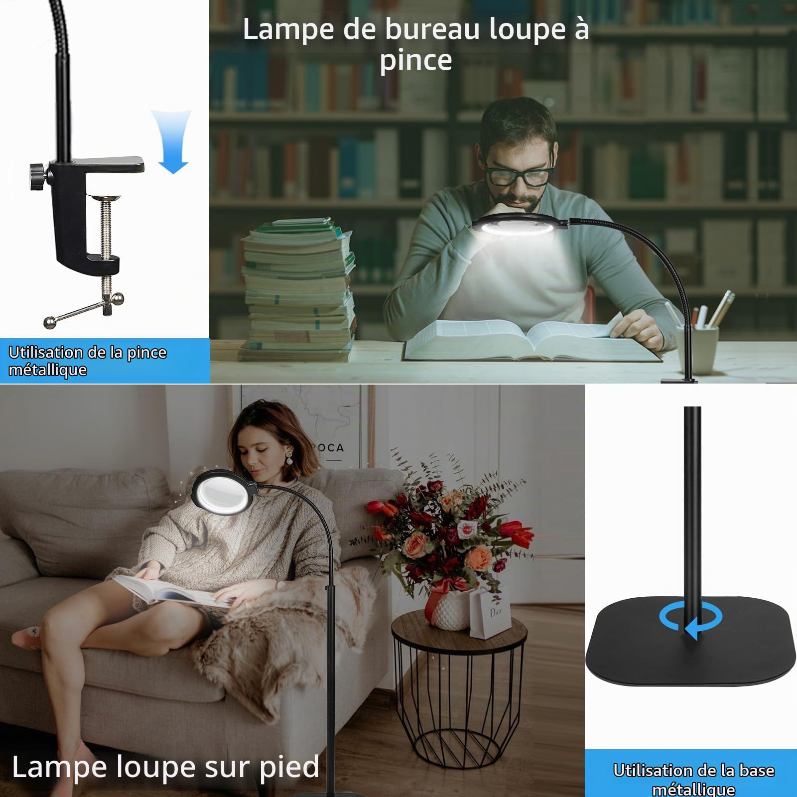 GABORISH 10 loupes sur pied avec lumière et support, lampe loupe 3 en 1 avec 54 LED, lampe loupe flexible avec col de cygne avec pince, 5 modes de couleur, luminosité à intensité variable, loupe de