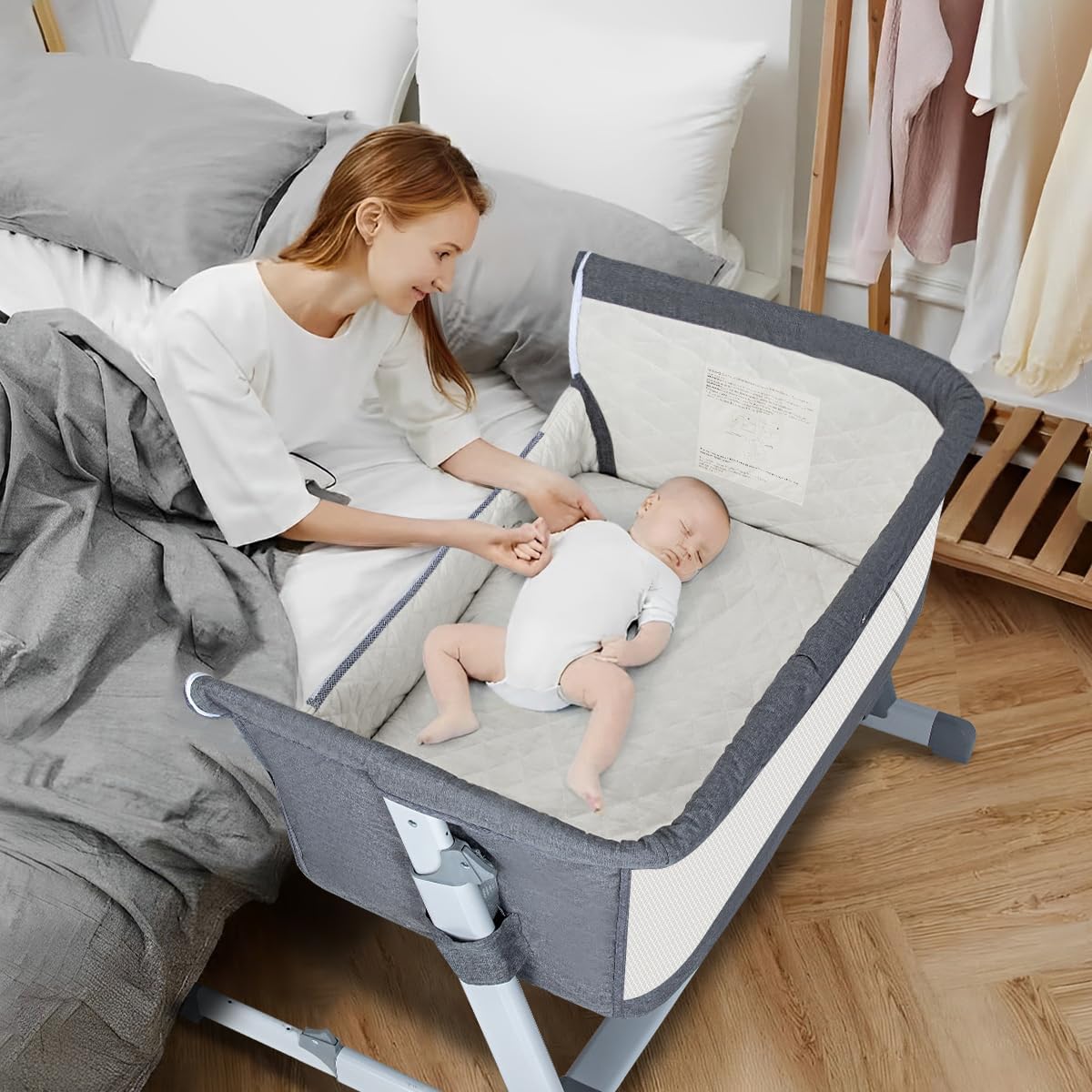 Upgraded 3 in 1 Baby Bassinet Bedside Sleeper, Bedside Crib with 6 Adjustable Height, Soft Mattress & Wheels, Portable Easy to Assemble Bassinet, Baby Cribs for Infant Newborn