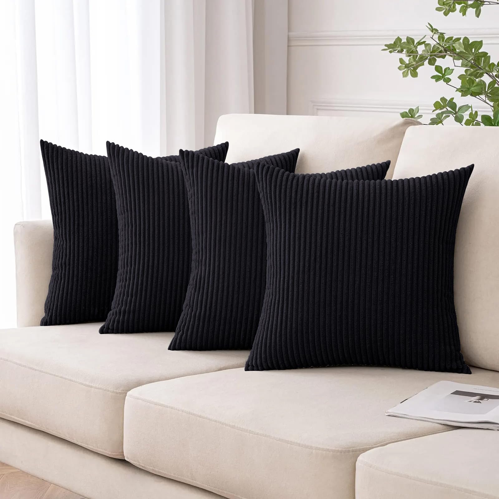 Moonlight Bedding Cushions with Covers included 45 x 45 cm Pack of 4 (4 covers, 4 inserts) Black Soft Stripe Throw Pillow Cases with Invisible Zipper for sofa bedroom decor