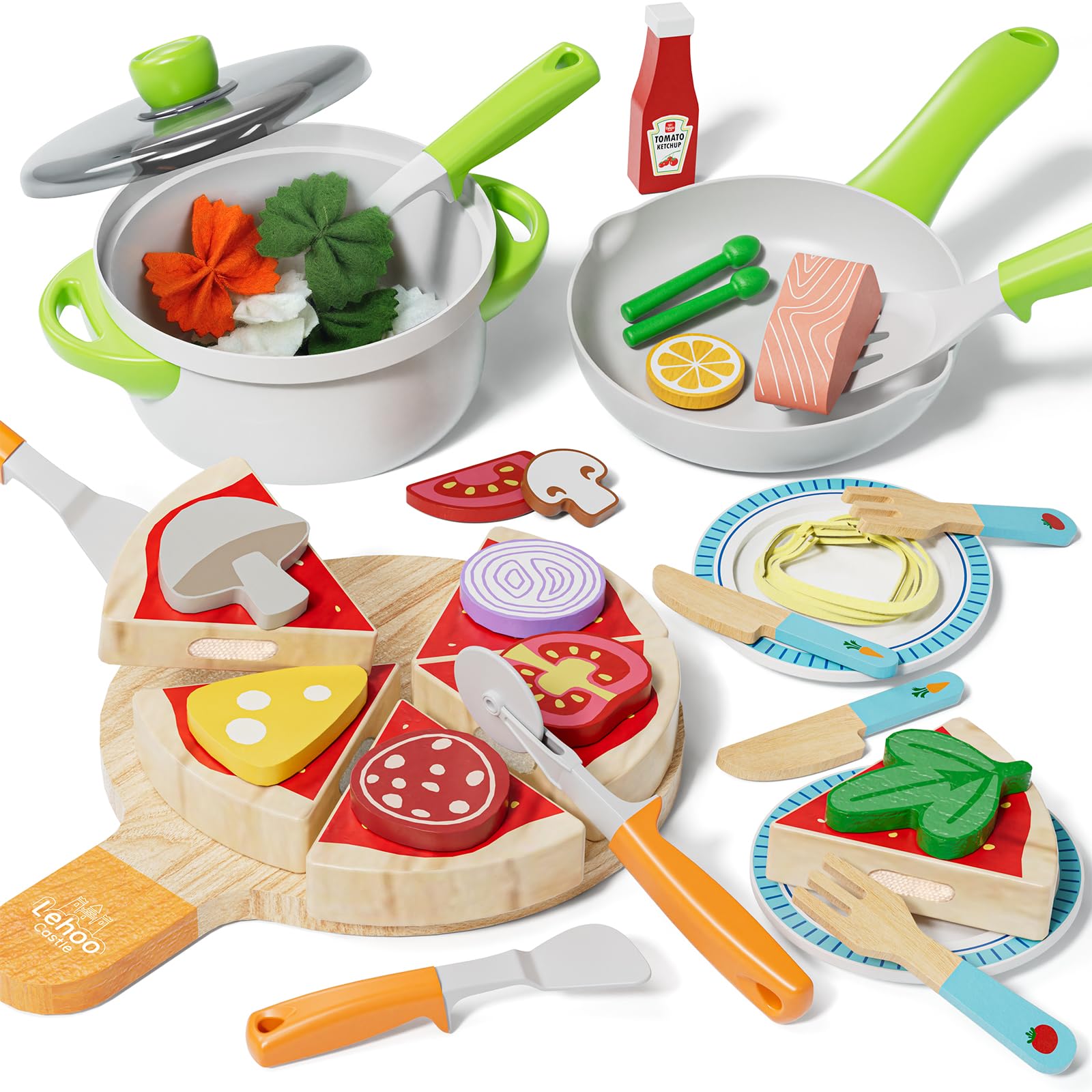 Lehoo Castle Wooden Play Food, Wooden Pizza & Pasta Toy, Toy Food Set for Kids Kitchen, Kitchen & Food Toys, Toys for 3 Year Old Girls
