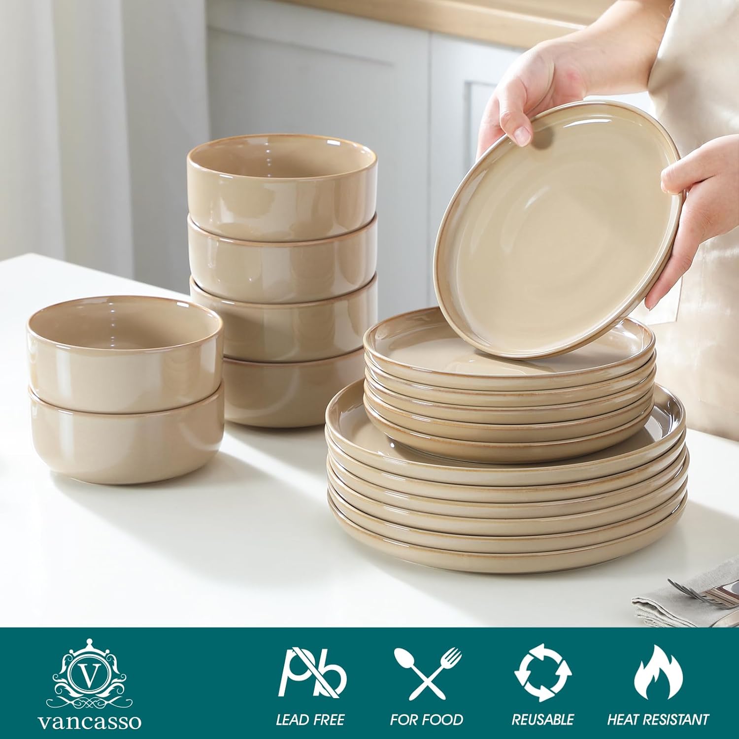 vancasso PLAYA Ceramic Plates and Bowls Sets, 18 Pieces Brown Dinnerware Sets for Kitchen, Reactive Glaze Dishes Set for 6, Dishwasher and Microwave Safe - Image 3