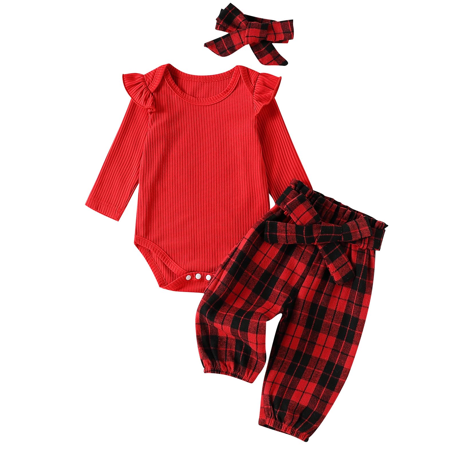 NZNDSHD My First Christmas Baby Girl Outfit Ribbed Long Sleeves Romper Buffalo Plaid Print Pants Headband 3Pcs Clothes Set (Red Buffalo Plaid, 0-3 Months)