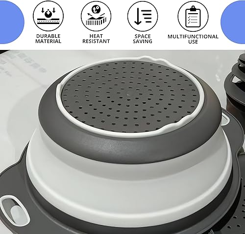 Miniatura 4 de Colador redondo de silicona blanco plegable, colador de cocina blanco, pequeño colador plegable blanco con asas de plástico para drenar verduras y