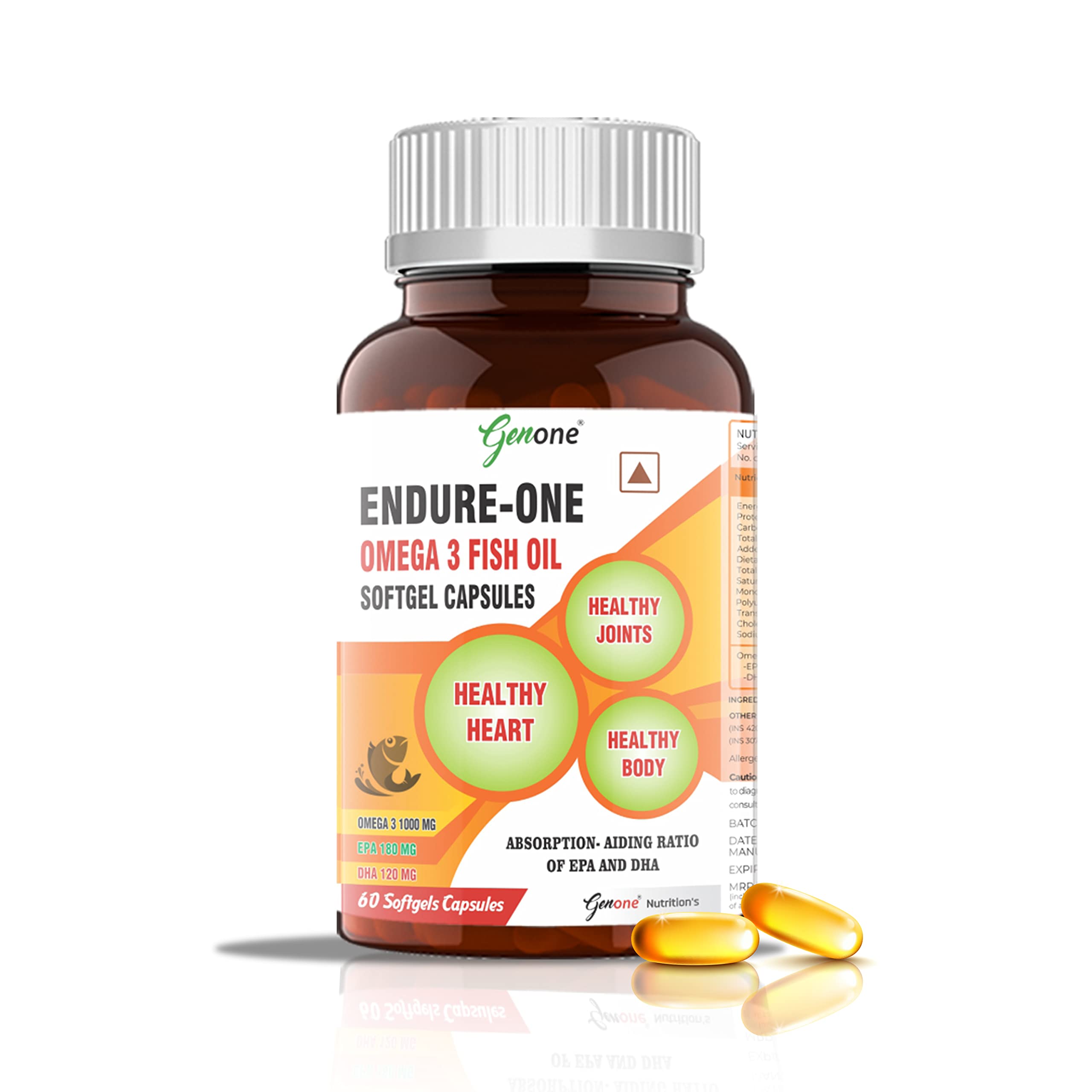 GenOne Endure-One Omega 3 1000mg Fatty Acid Fish Oil Capsule (EPA 330, DHA 220) for Healthy Heart and Joints (60 Capsules)