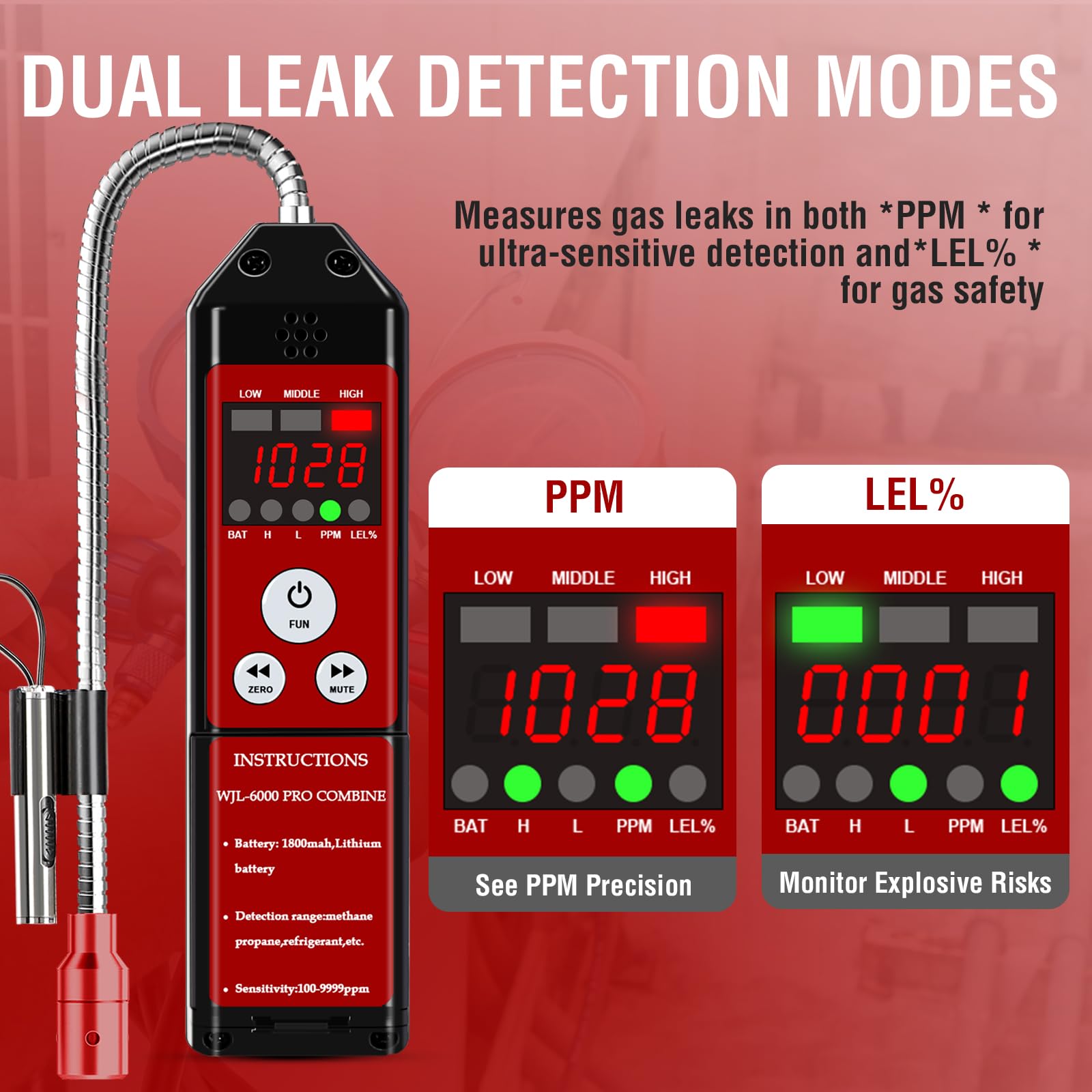 WJL-6000PRO COMBINE Rilevatore di perdite di refrigerante, combina rilevatore di perdite di gas freon e combustibile con allarme forte, batteria ricaricabile da 1800 mAh, PPM LEL% Diaplay per propano