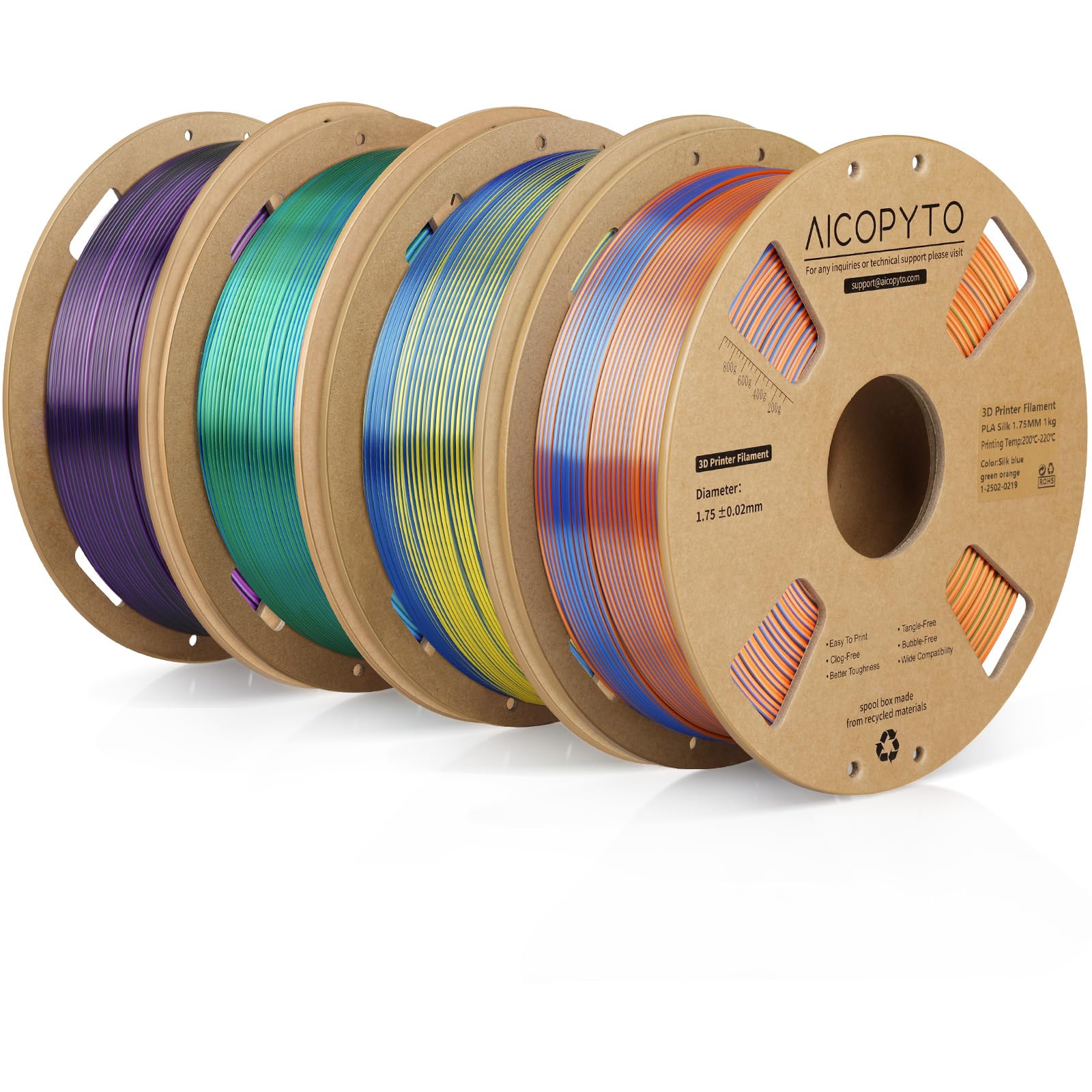 Silk PLA 3D Printer Filament 1.75mm, 4KG Shiny Triple Color Bundle | Shiny Metallic Smooth Neatly Wound High Precision Clog-Free No Tangles Better Flow Moistureproof for Most FDM 3D Printers