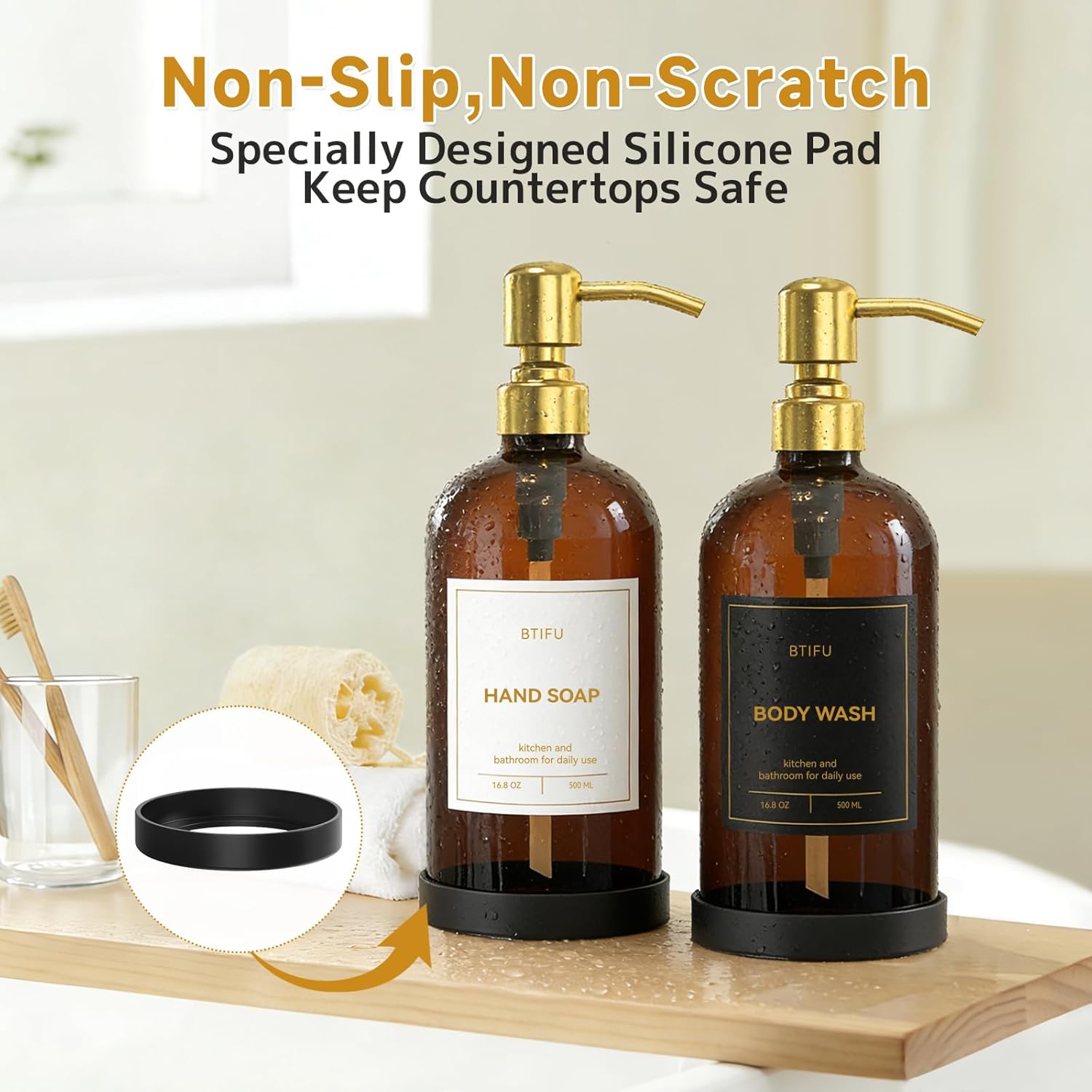 Kitchen Soap Dispenser Set – 16.8oz/500ml Glass Hand and Dish Soap Dispenser with Stainless Steel Pumps & Non-Slip Silicone Base, Modern Decor for Home, Airbnb, Office (Amber & Gold)