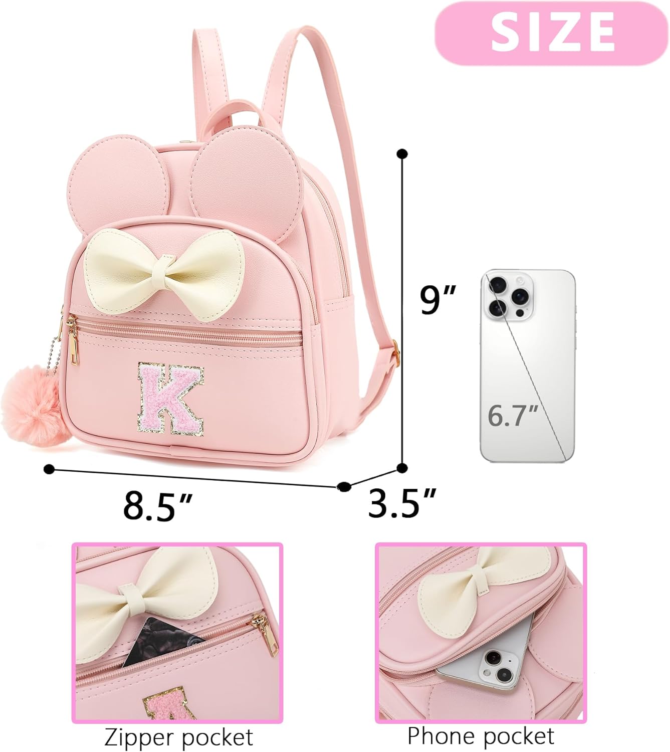 Initial Mini Backpack for Girls Toddler Kids, Small Mouse Personalized Bowknot Purse Gift (Pink K) - Image 4