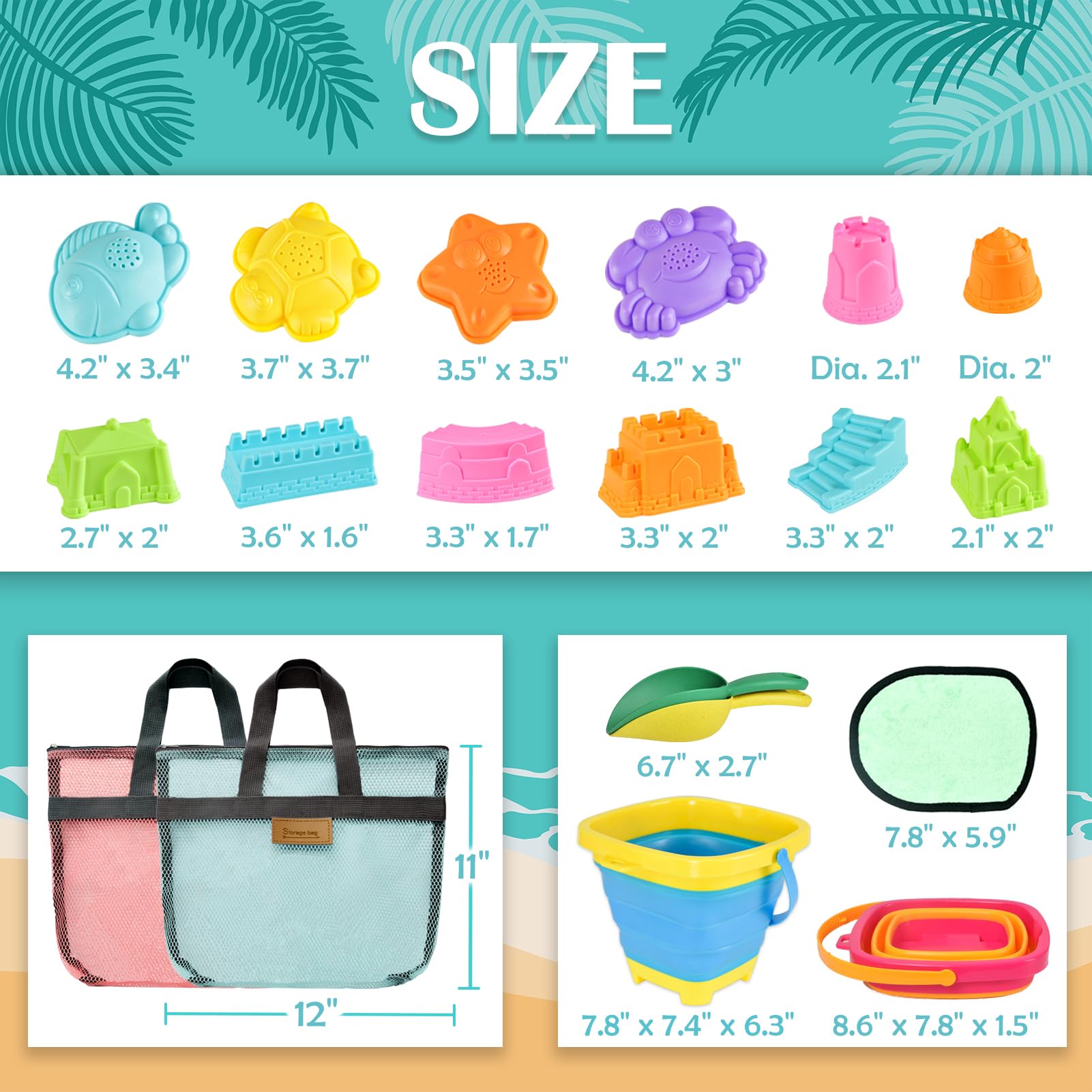 Faltbares Strandsandspielzeug für Kinder, Strandreisespielzeug mit 2 faltbaren Strandeimern, Netztaschen, Sandburgformen, Sandschaufelspiel für Kinder