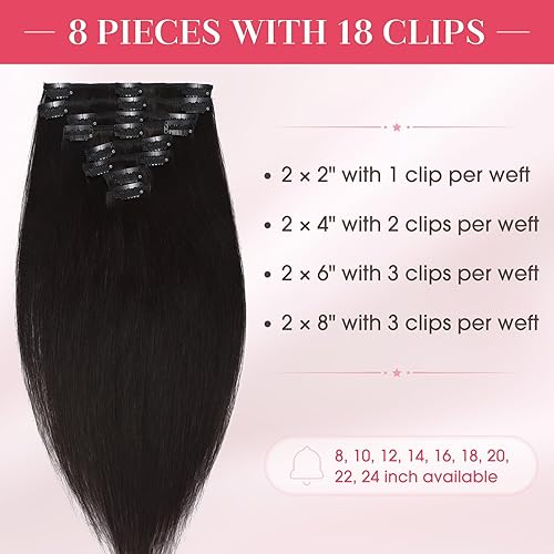 Miniatura 8 de Extensiones de cabello humano 100% remy de 10a24pulgadas, con clips, calidad grado 7A, cabeza completa, 8 piezas, 18clips largo, suave, sedoso,