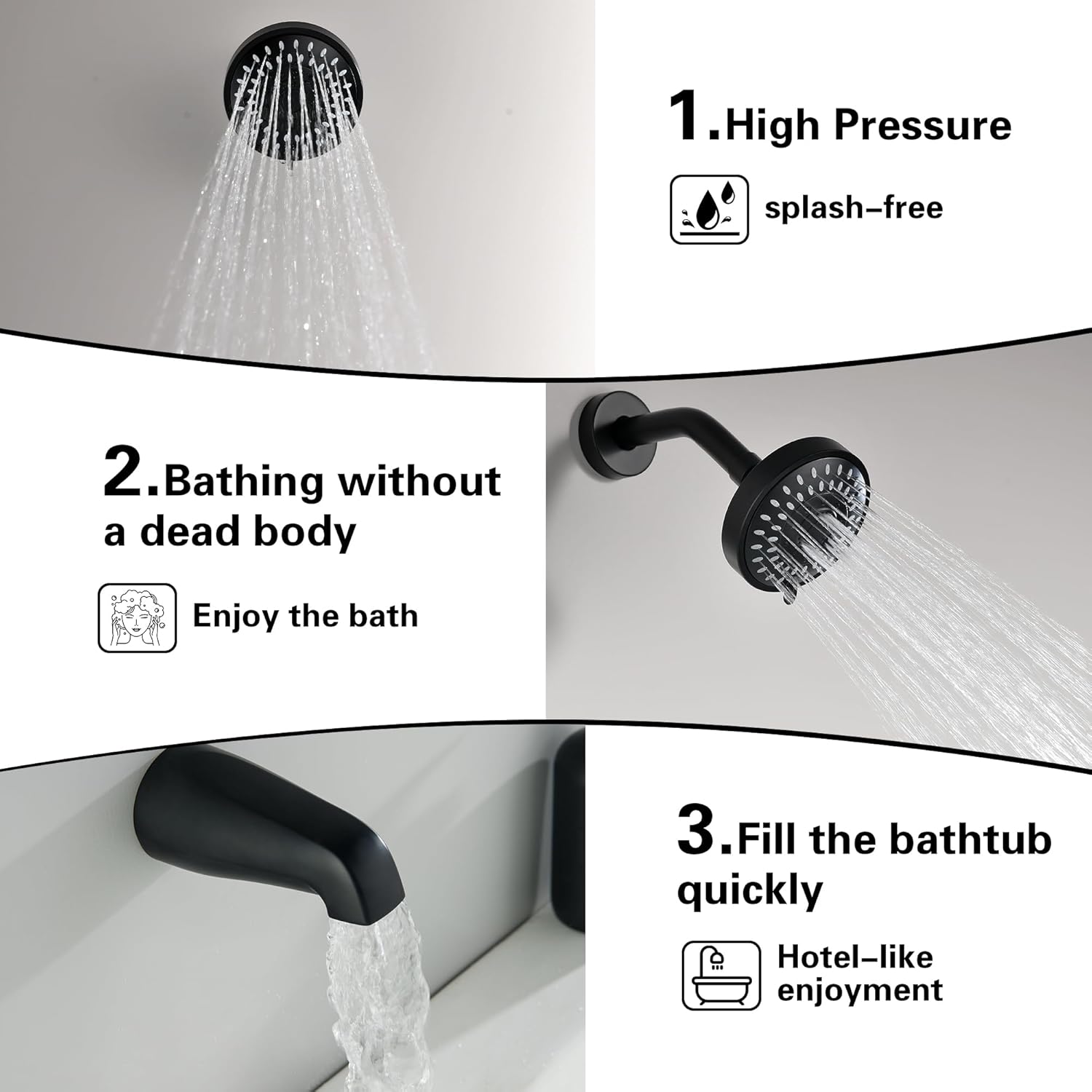 3 Handle Tub Shower Faucet Matte Black Shower Tub Faucet Set 3 Knob Bathtub Shower Faucets Sets Complete BY3HSTB-1