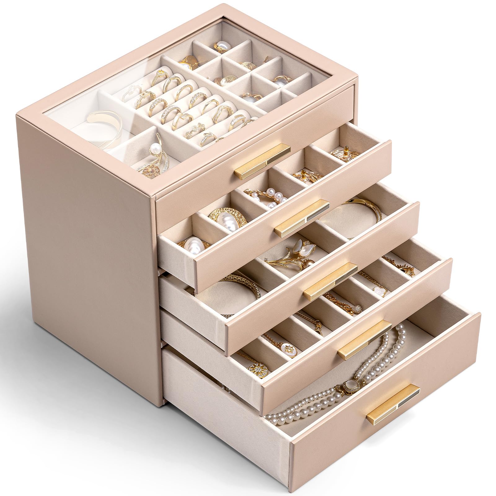 VLANDO Schmuckkästchen mit 5 Ebenen, Schmuckaufbewahrung, Schmuckkasten, Schmuck Organizer mit Glasdeckel, für Halsketten, Ohrringe, Uhren, Armbänder, Modern, Milchkaffee