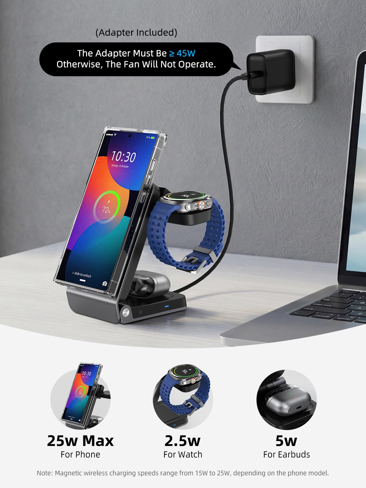 Magnetic Wireless Ladestation für Samsung mit Aktiver Kühlung, 3 in 1 Induktive ladestation für Samsung Galaxy S26 Ultra, Watch 8 & Buds 4. Kabelloses Ladegerät, Klappbar, mit Qi Android Handys