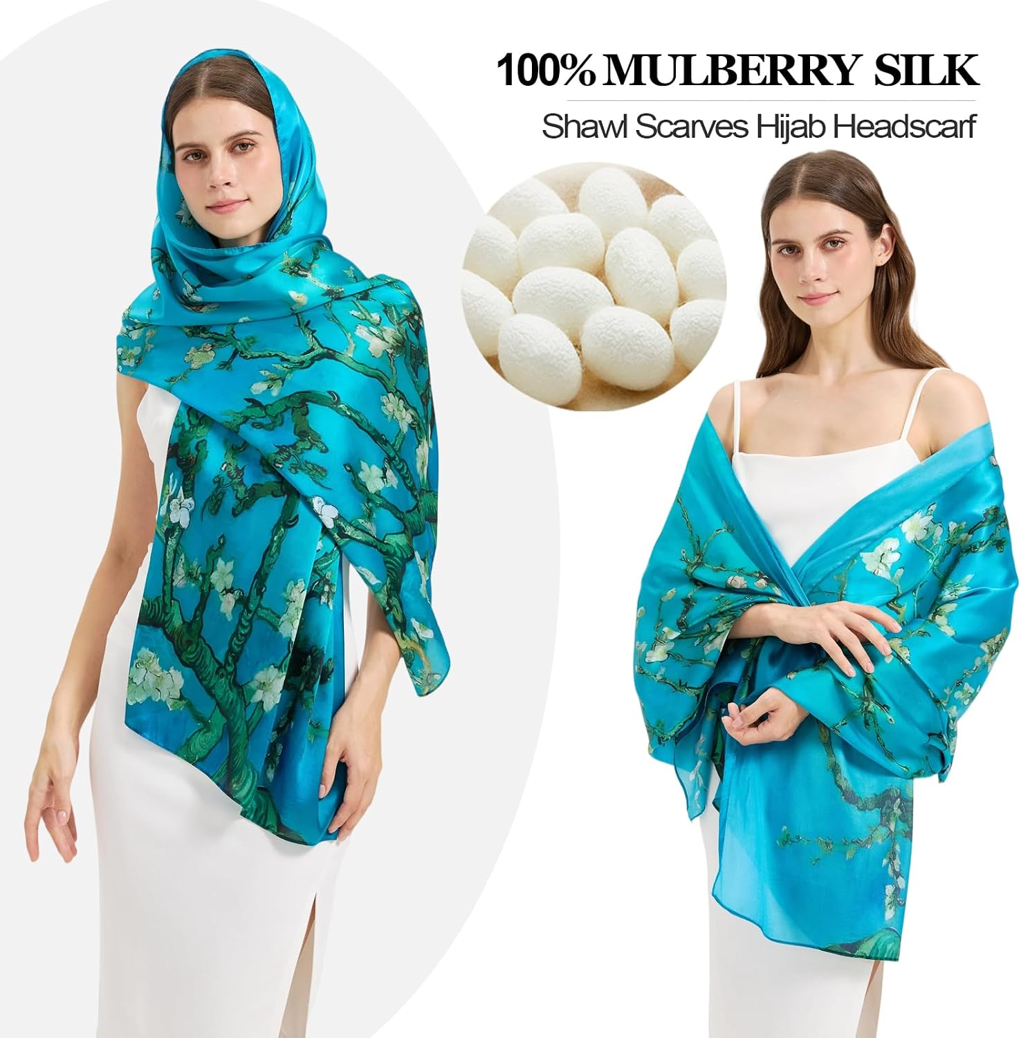 100% Mulberry Silk Scarf-Long Large Silk Neck Scarf Hijab Shawl for Women Travel Wrap