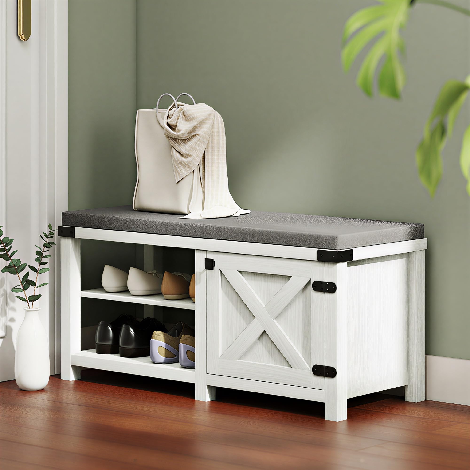HOMCOM Banco Zapatero Rústico con Asiento Organizador de Zapatos con Compartimentos para 7 Pares Cojín para Entrada Salón Dormitorio 100x40x48 cm Blanco Grisáceo y Gris