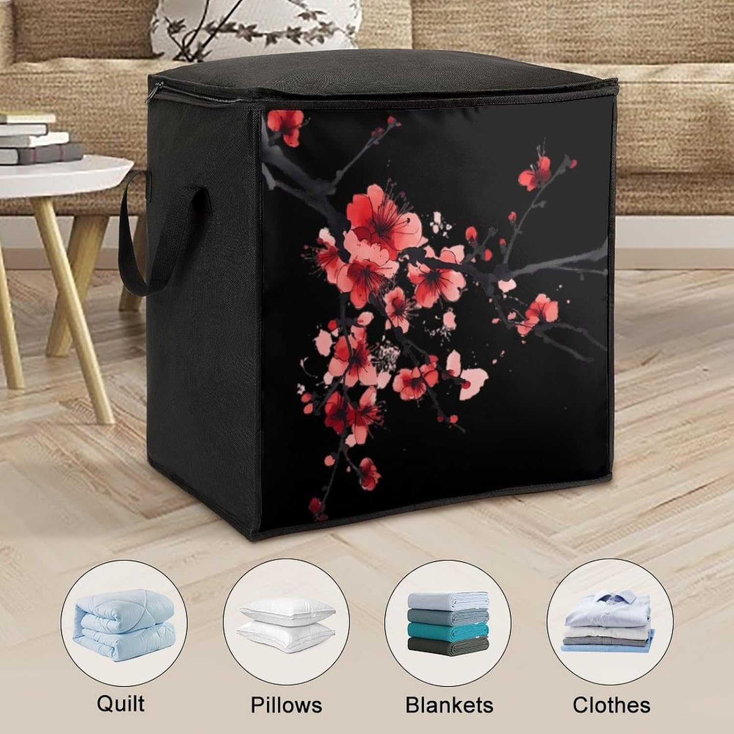 Red Blossoming Flowers Cherry Large Comforter Blanket Storage Bags Bins 70L Closet Organizer with Handles