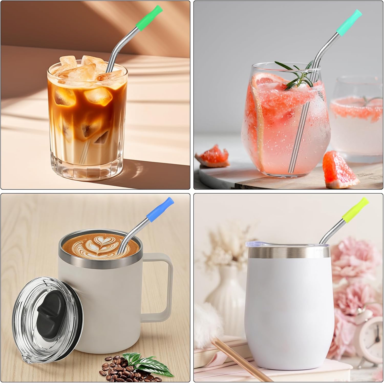 [10 Pcs] 6 Inch Reusable Metal Straws - 18/8 Stainless Steel Bendy Straw for Cocktail Coffee, Package with 10 Colors Silicone Tips and Metal Case, Short Straws for Cocktail Glasses and Coffee Mugs