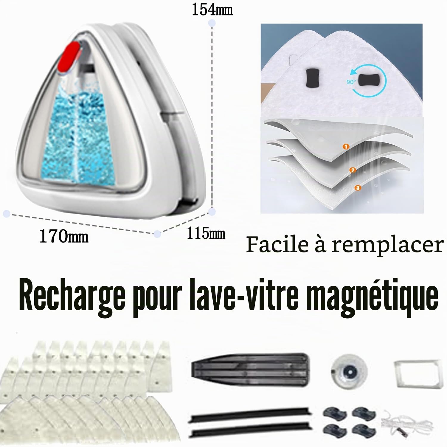 Hooha Nettoyeur de vitres magnétique double face de 25 à 35 mm avec corde de sécurité escamotable de 2,5 m - Sans fil - Nettoyeur magnétique pour vitres - Facile à utiliser et à ranger