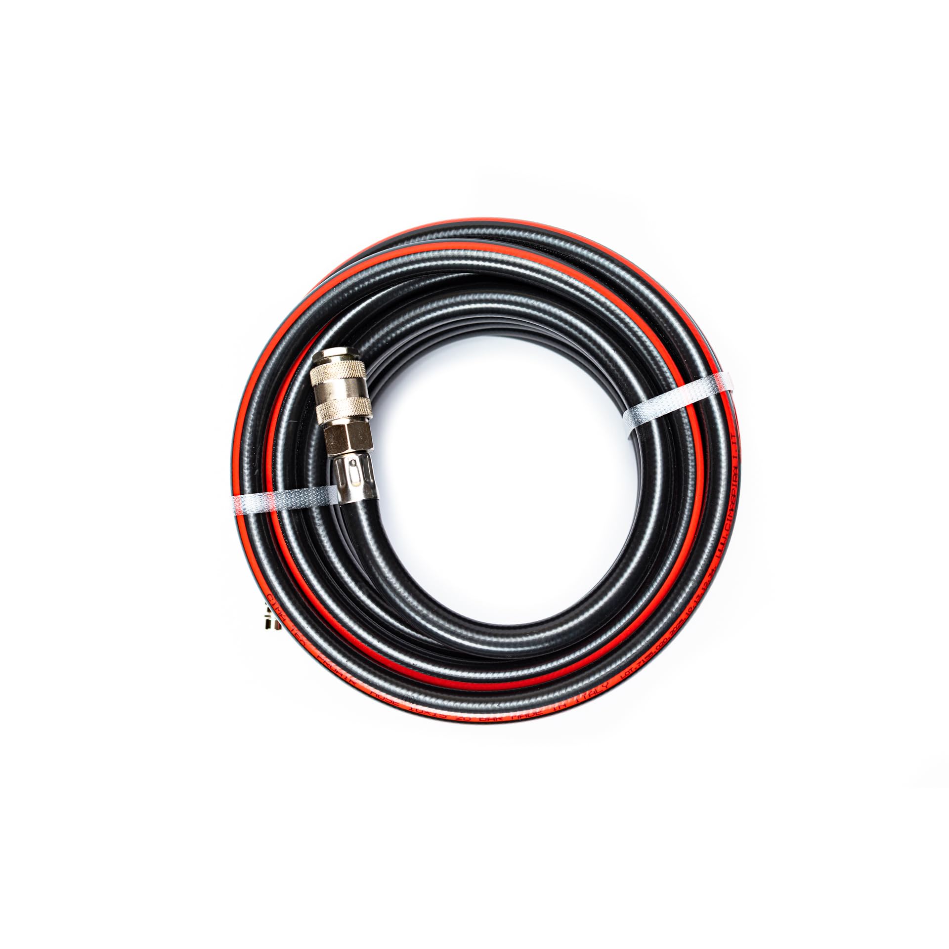 Tubo flessibile per aria compressa in PVC retinato Ø 10 x 15 mm lunghezza 20 mt completo di raccordi ad attacco rapido universale. 100% Made in Italy