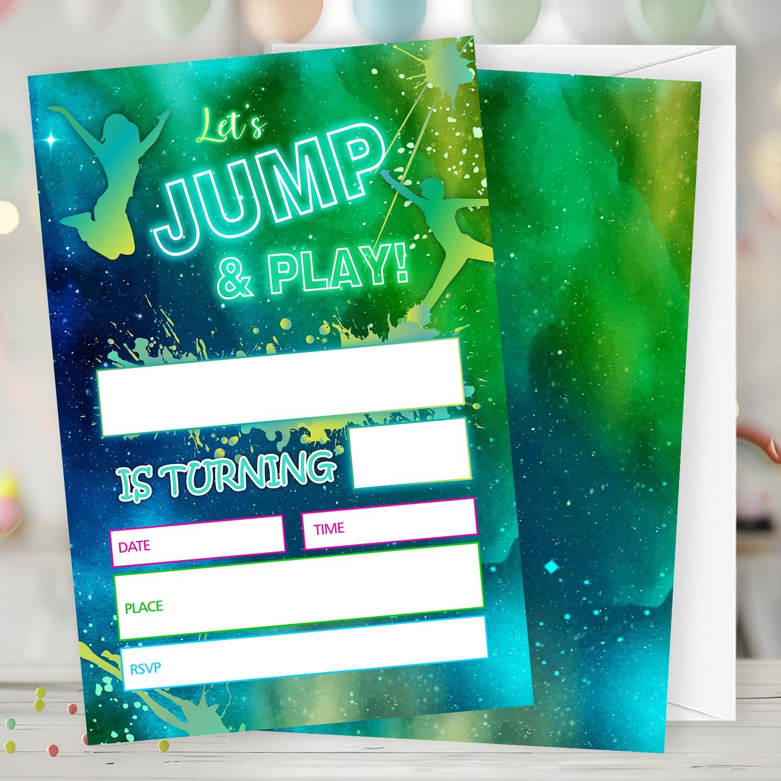 Gsauto Let's Jump and Play Birthday Invitations, 20 Invitation Cards with Envelopes, Neon Bounce House Invites for Party Decorations Favor Supplies -