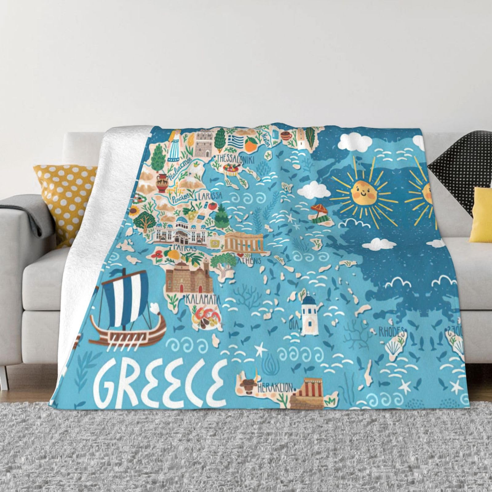 Couverture en flanelle douce et chaude toutes saisons carte de Grèce