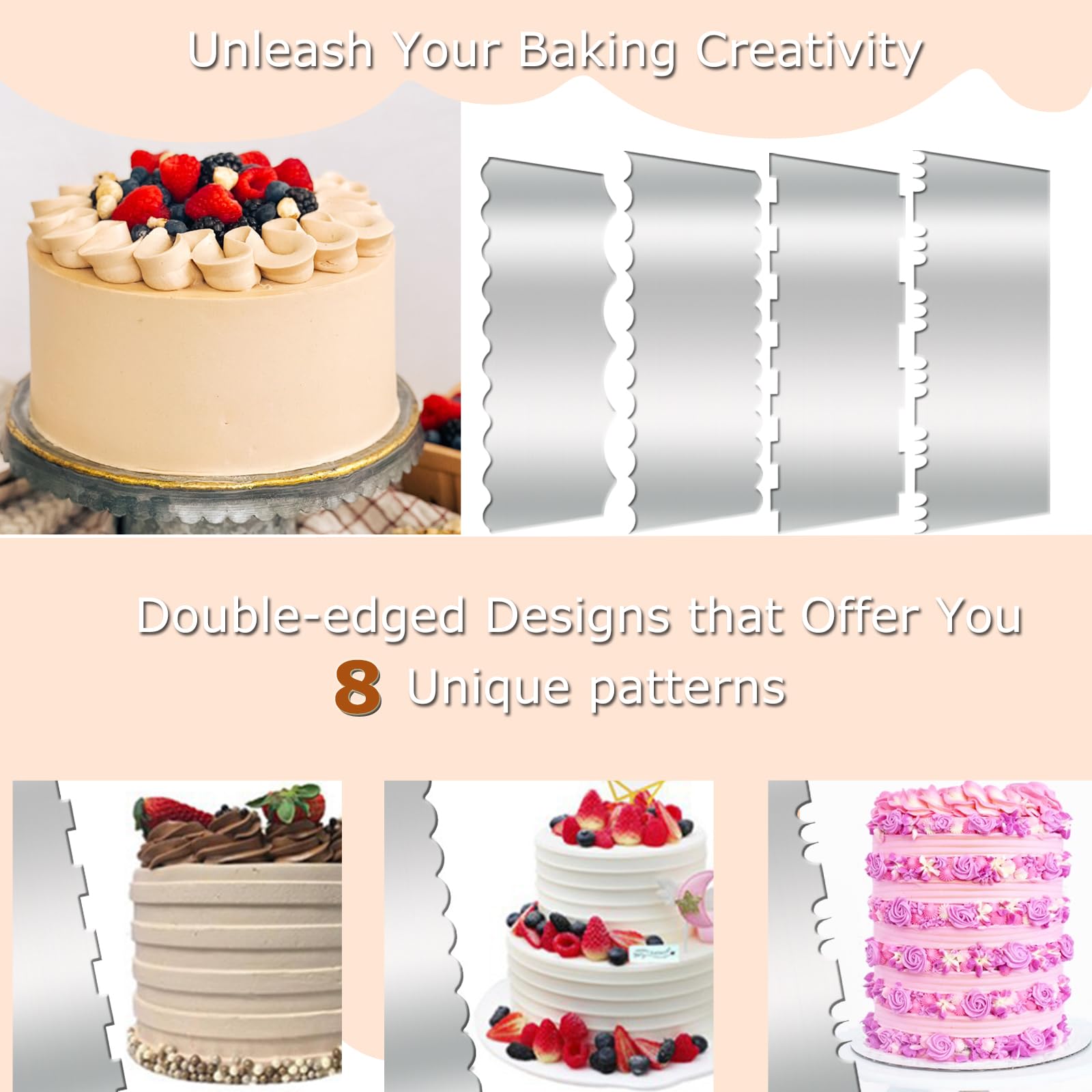 4 raspadores de tartas de acero inoxidable de 10 pulgadas, alisadores de pasteles con doble borde, tiras estampadas, peine de contorno para decoración de pasteles de crema de mousse